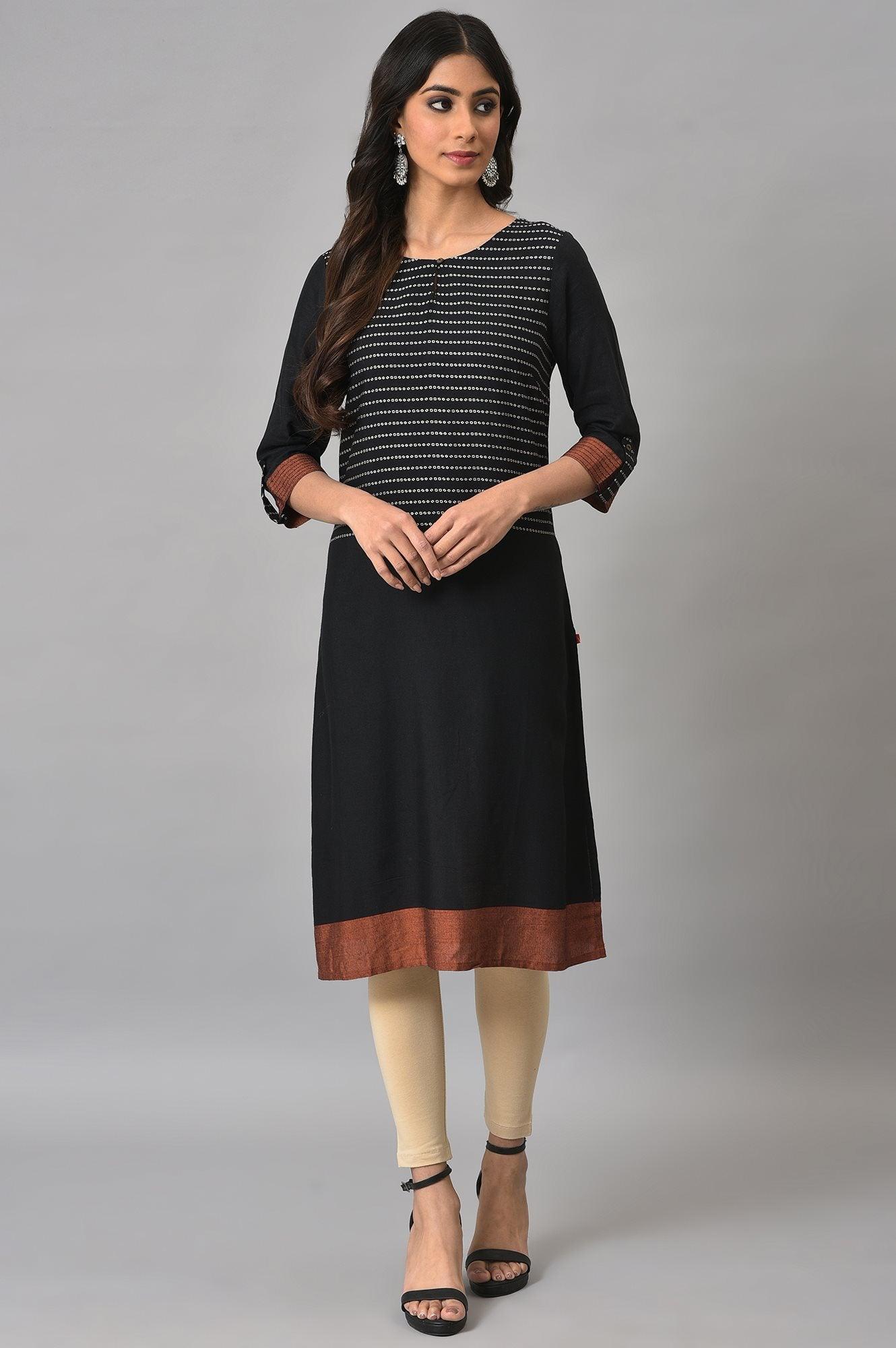 Black Dobby kurta With Biege Tights - wforwoman