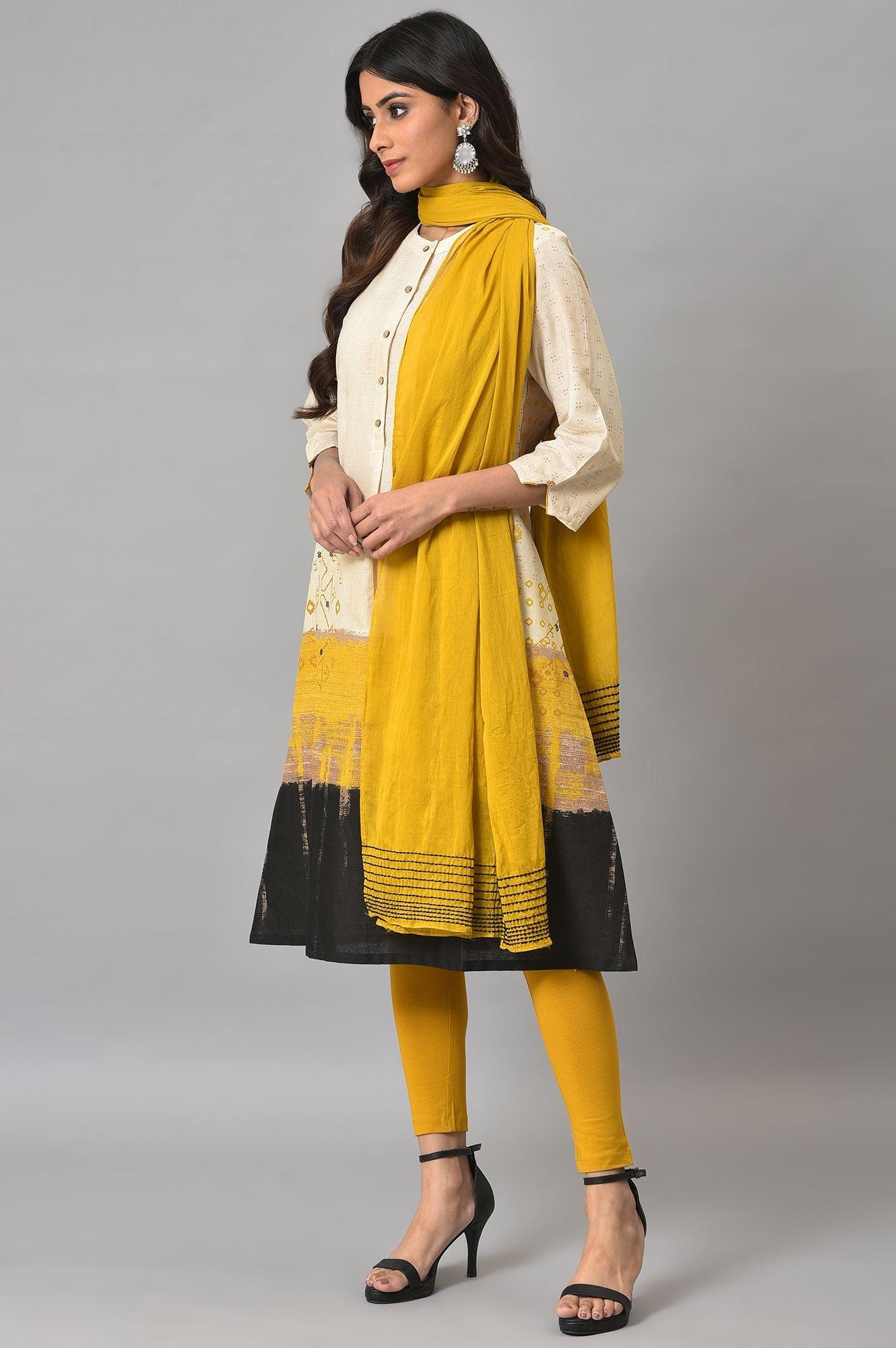 Ecru Printed Shirt kurta With Yellow Straight Pants - wforwoman