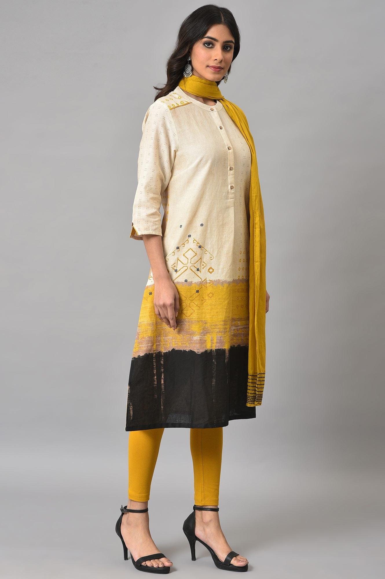 Ecru Printed Shirt kurta With Yellow Straight Pants - wforwoman
