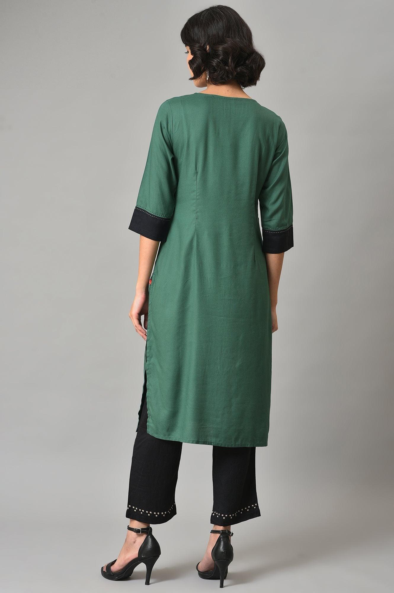 Green Thread Embroidered kurta With Black Straight Pants - wforwoman