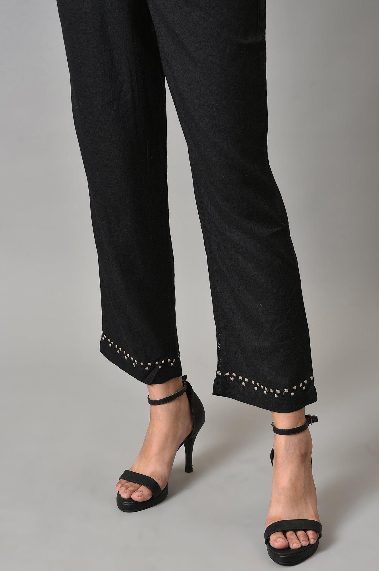 Green Thread Embroidered kurta With Black Straight Pants - wforwoman