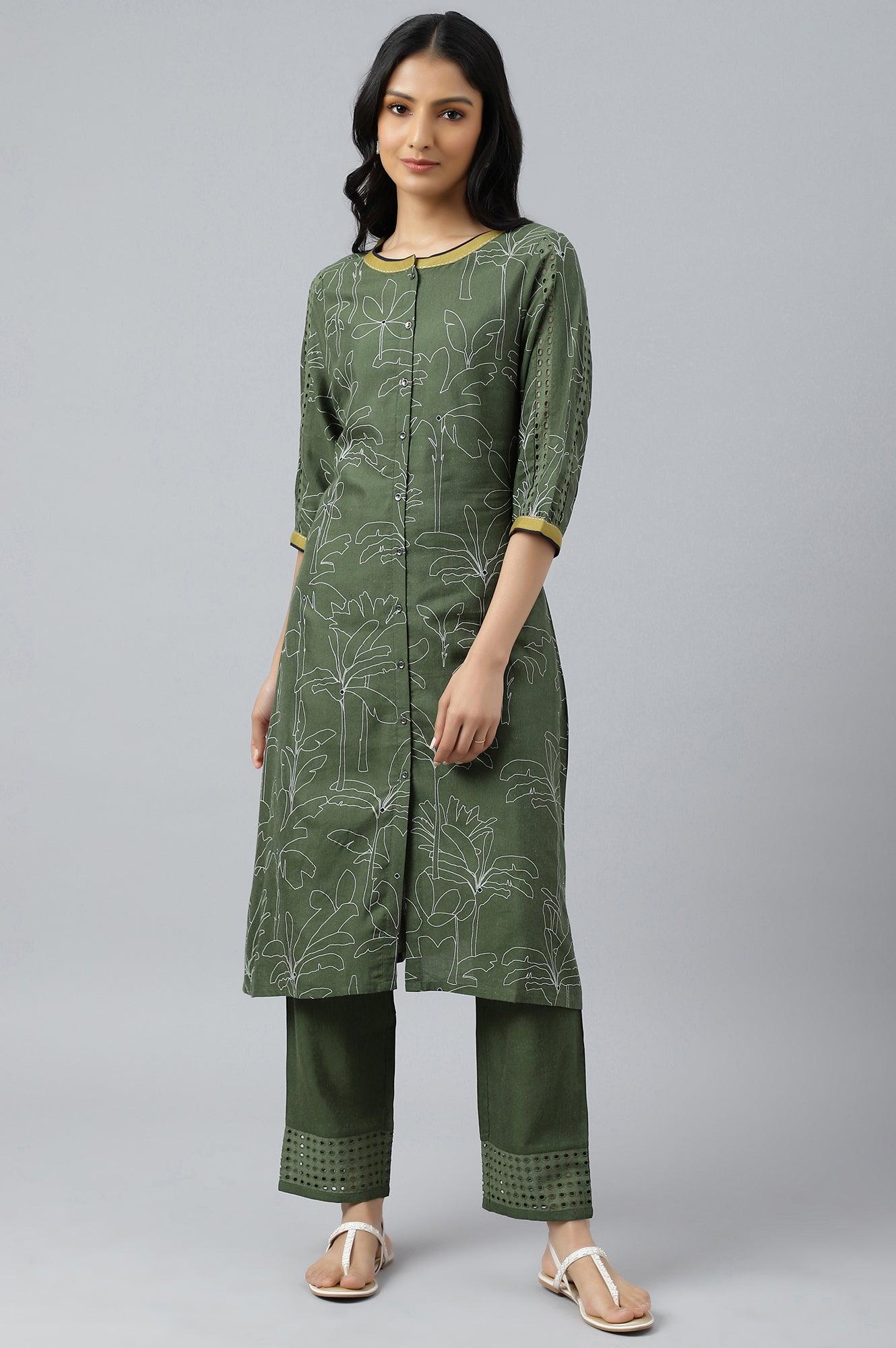Dark Green A-Line Gathered kurta With Straight Pants - wforwoman