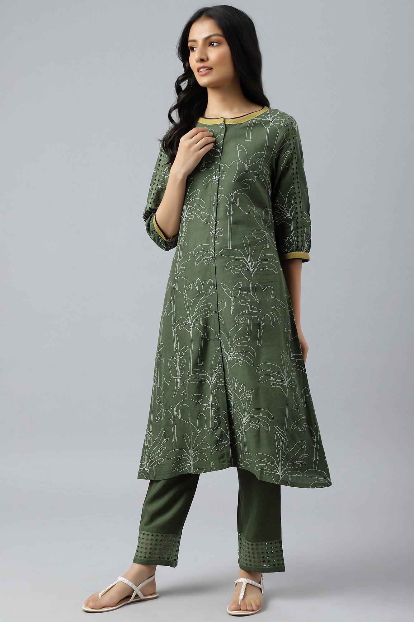 Dark Green A-Line Gathered kurta With Straight Pants - wforwoman