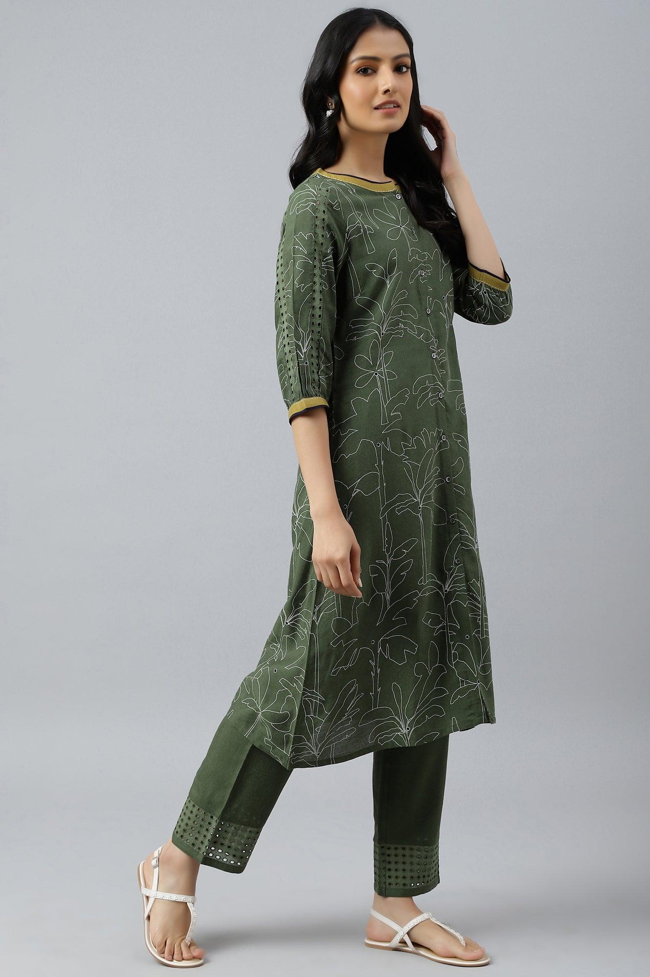 Dark Green A-Line Gathered kurta With Straight Pants - wforwoman