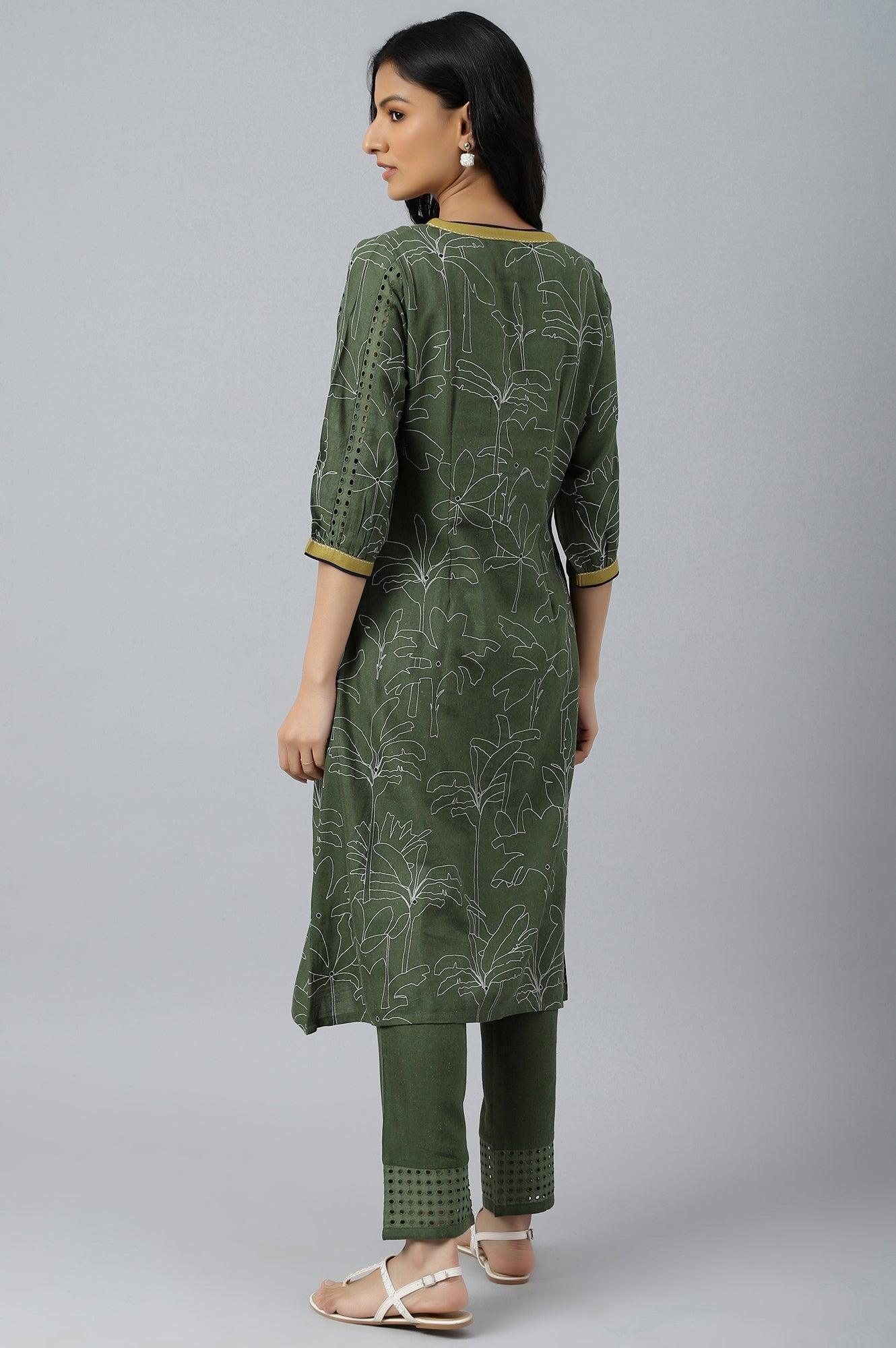 Dark Green A-Line Gathered kurta With Straight Pants - wforwoman