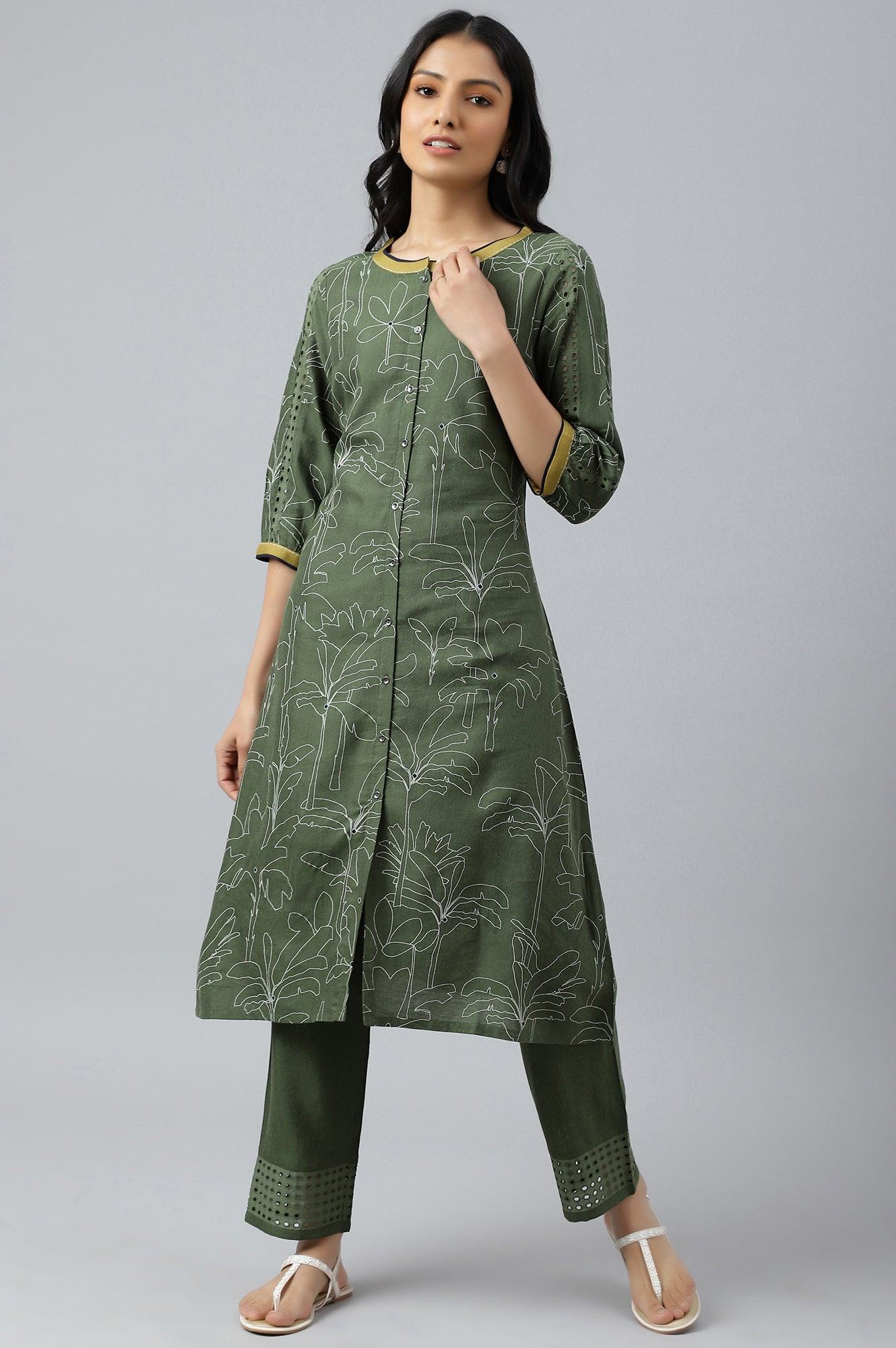 Dark Green A-Line Gathered kurta With Straight Pants - wforwoman