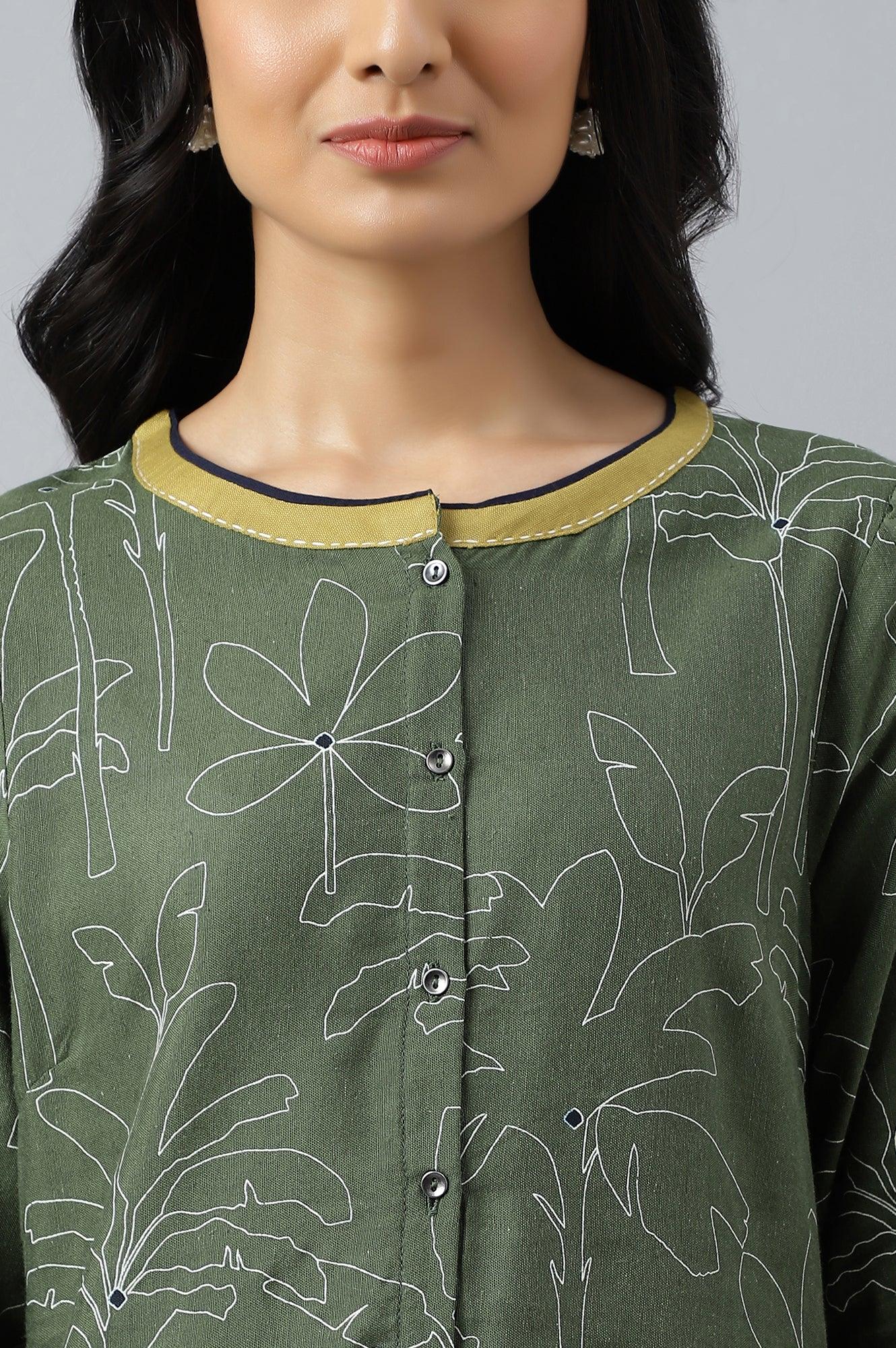 Dark Green A-Line Gathered kurta With Straight Pants - wforwoman