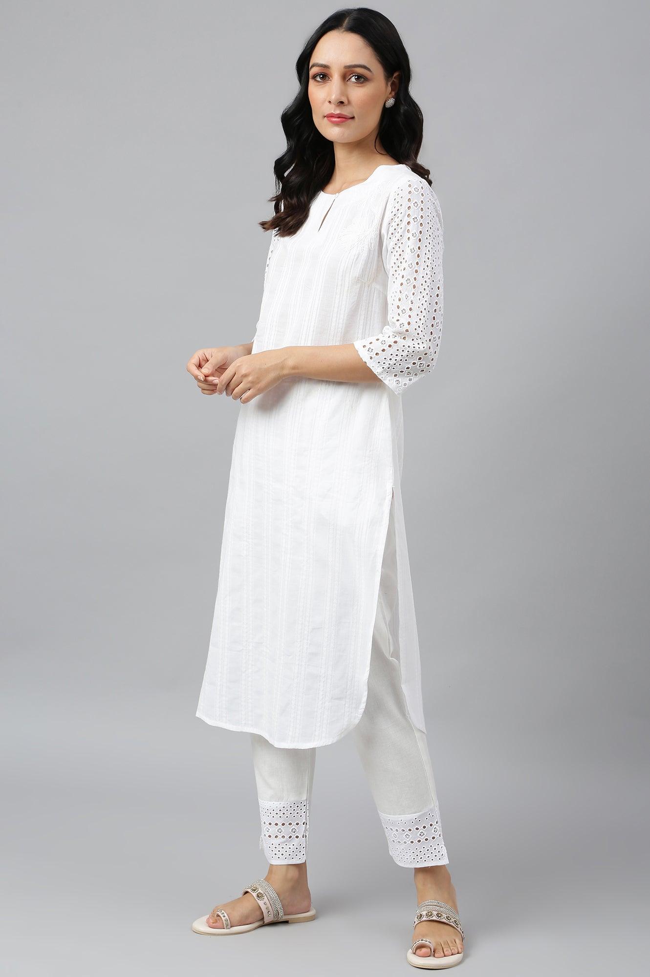 Ecru Textured Schiffli kurta With Pants Set - wforwoman