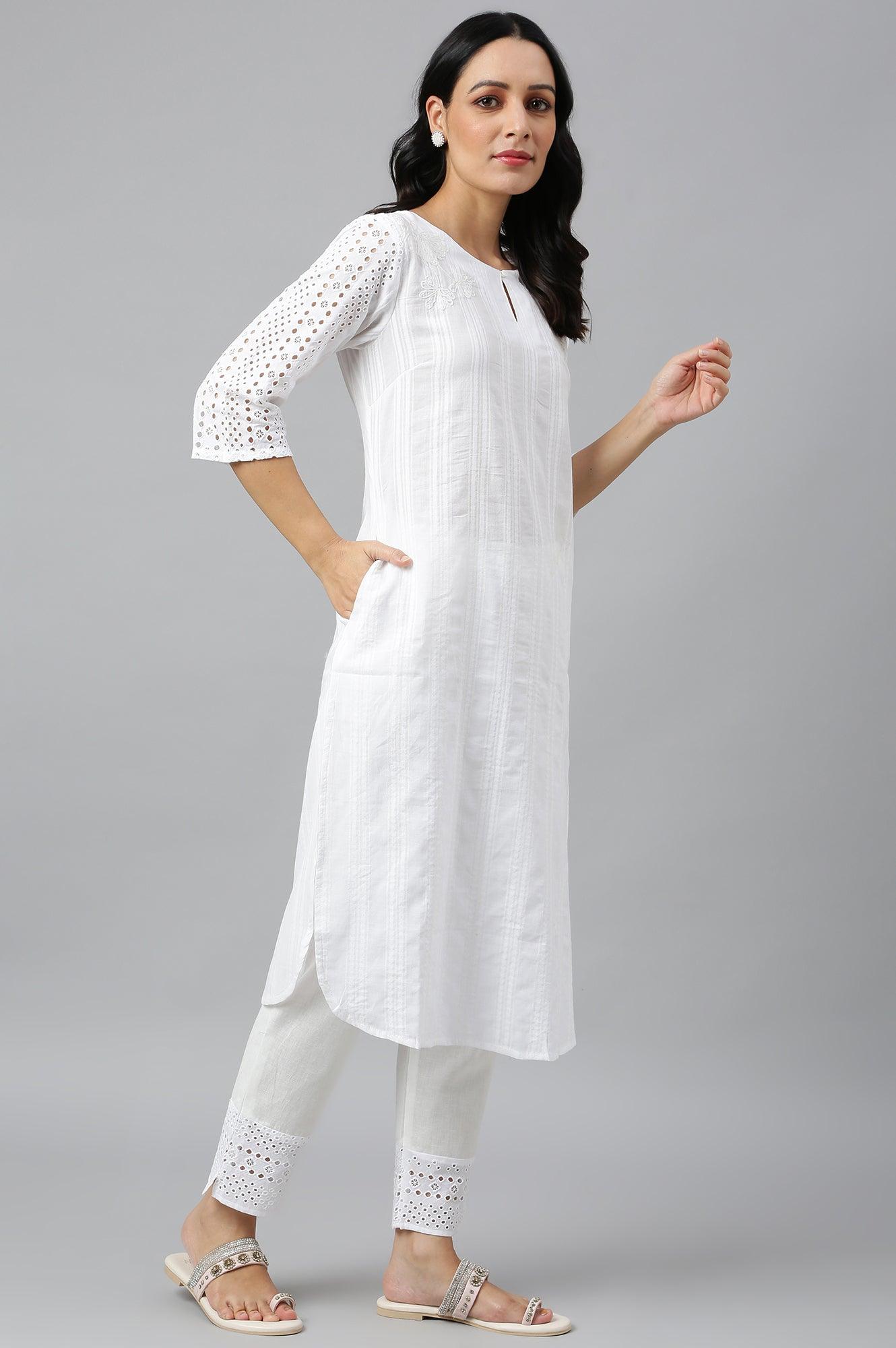 Ecru Textured Schiffli kurta With Pants Set - wforwoman