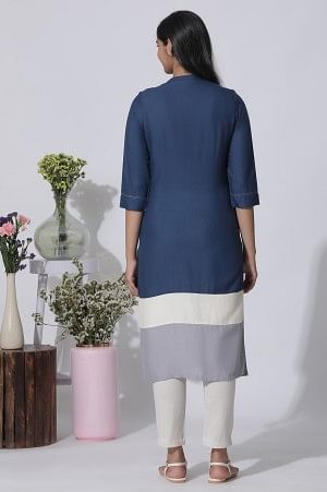 Blue & Grey Colour Block Kurta And Pants Set