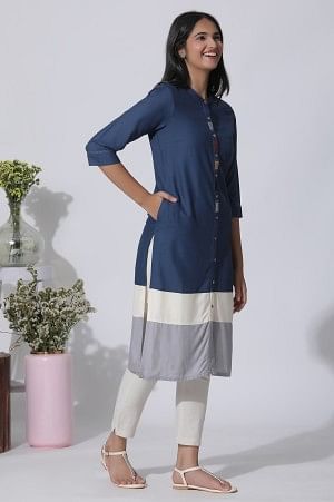 Blue & Grey Colour Block Kurta And Pants Set