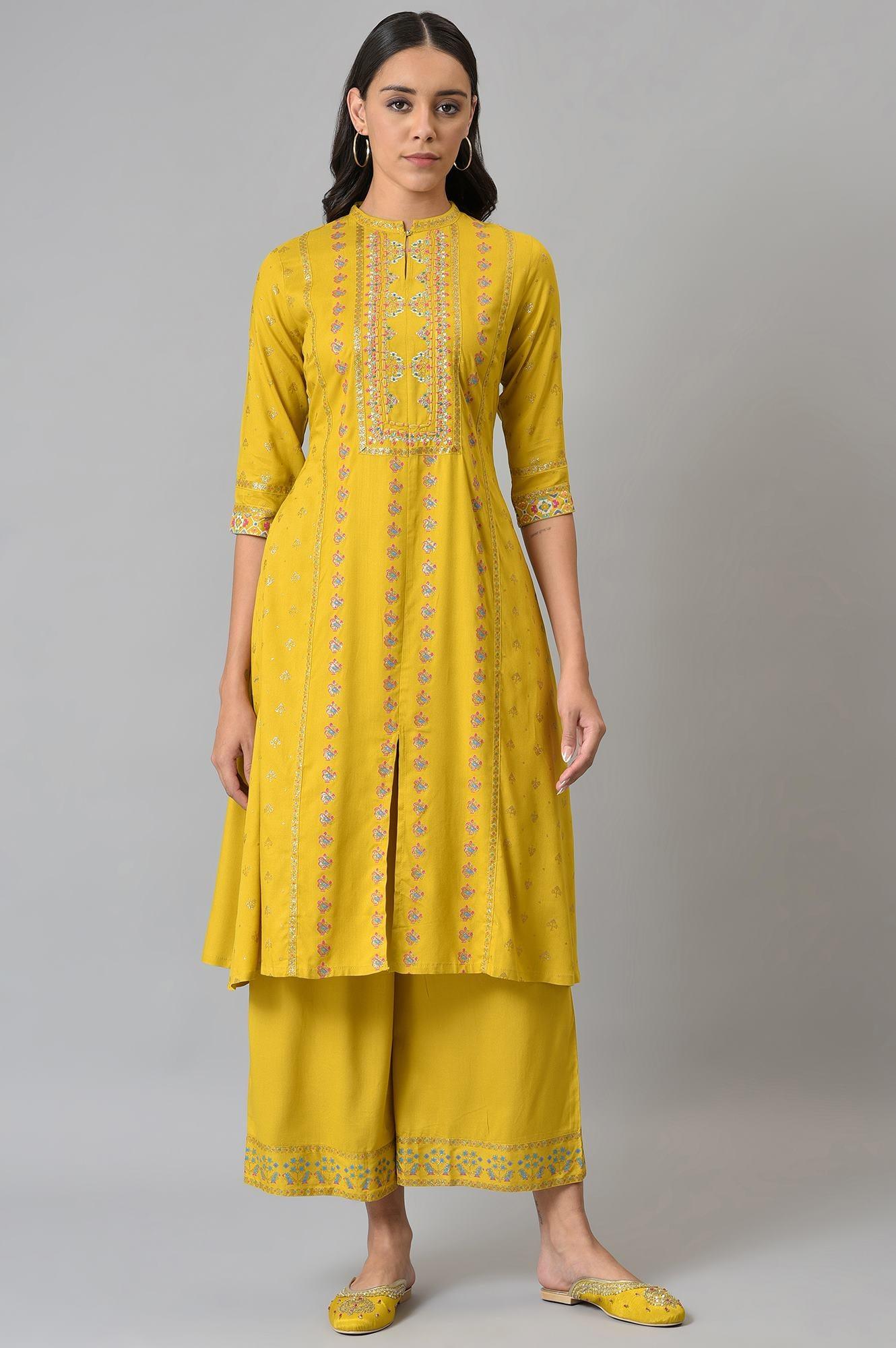 Dark Yellow Embroidered A-Line kurta With Printed Parallel Pants - wforwoman