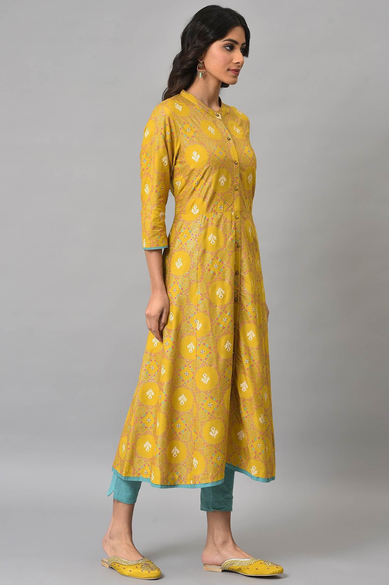 Yellow Glitter Printed kurta With Blue Slim Pants - wforwoman