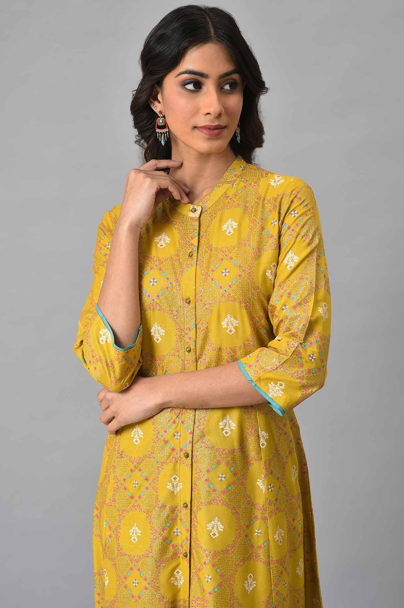 Yellow Glitter Printed kurta With Blue Slim Pants - wforwoman