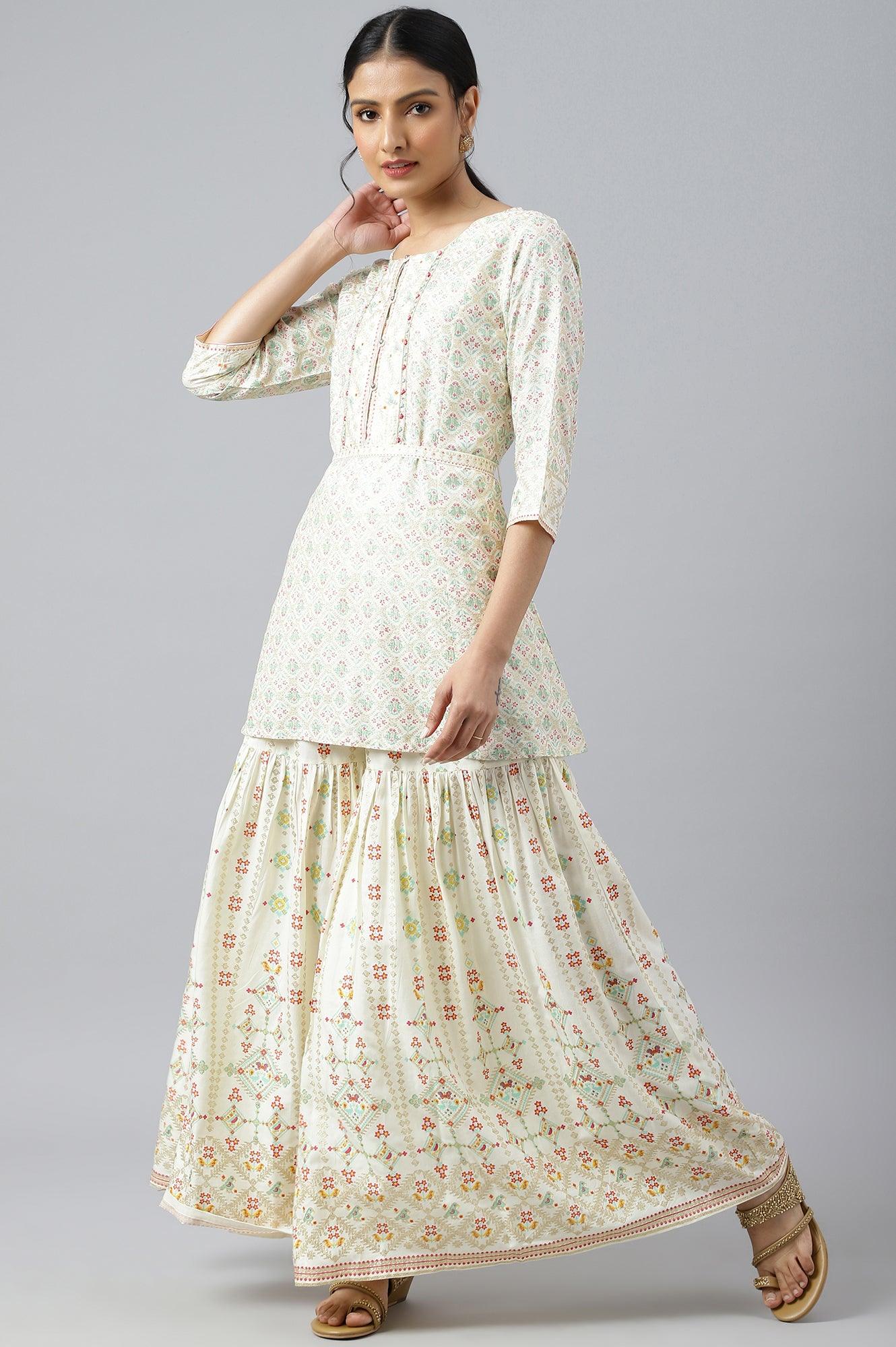 Ecru Festive Short kurta And Sharara Set - wforwoman