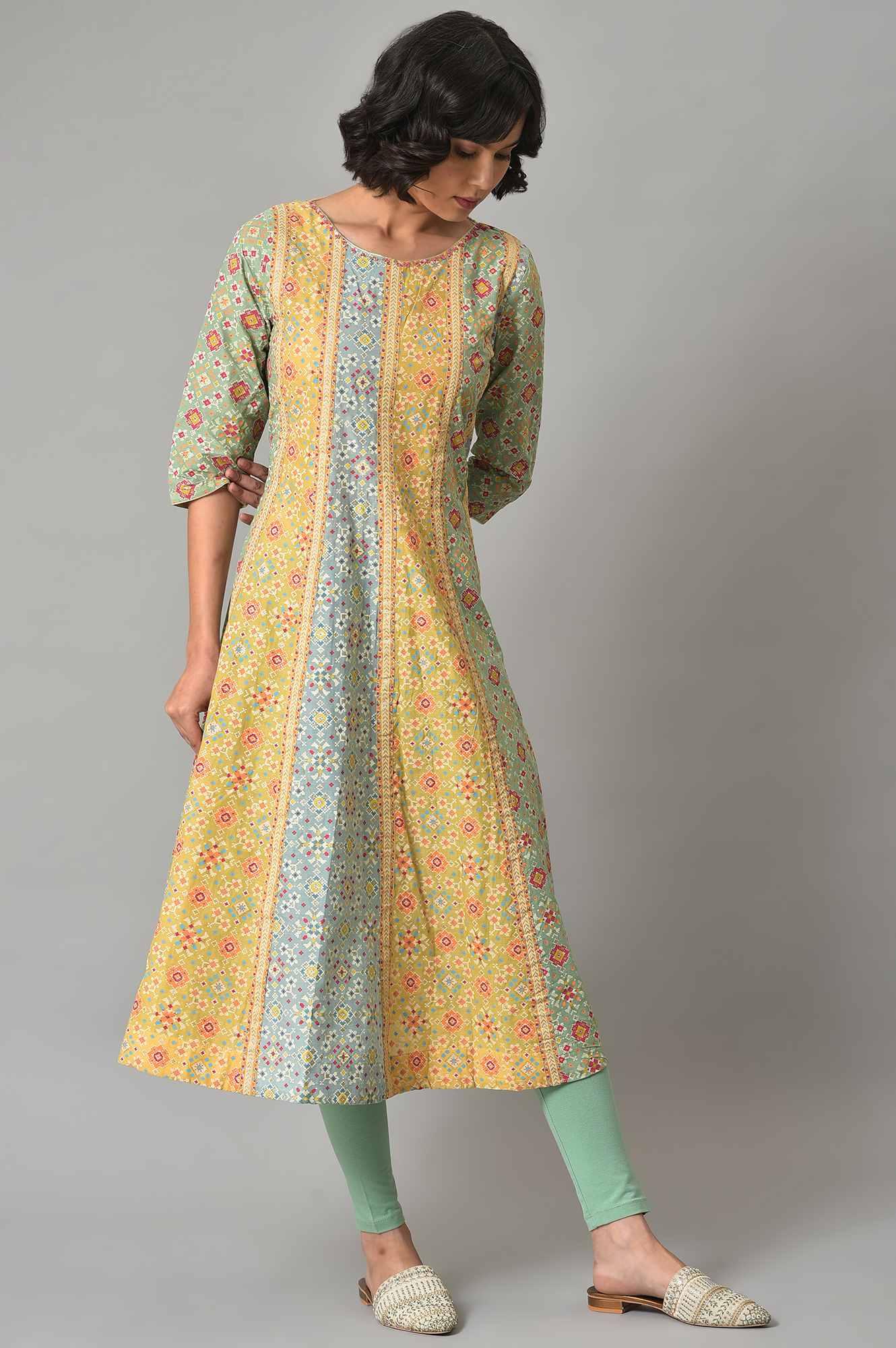 Mint Green Glitter Printed kurta And Tights Set - wforwoman