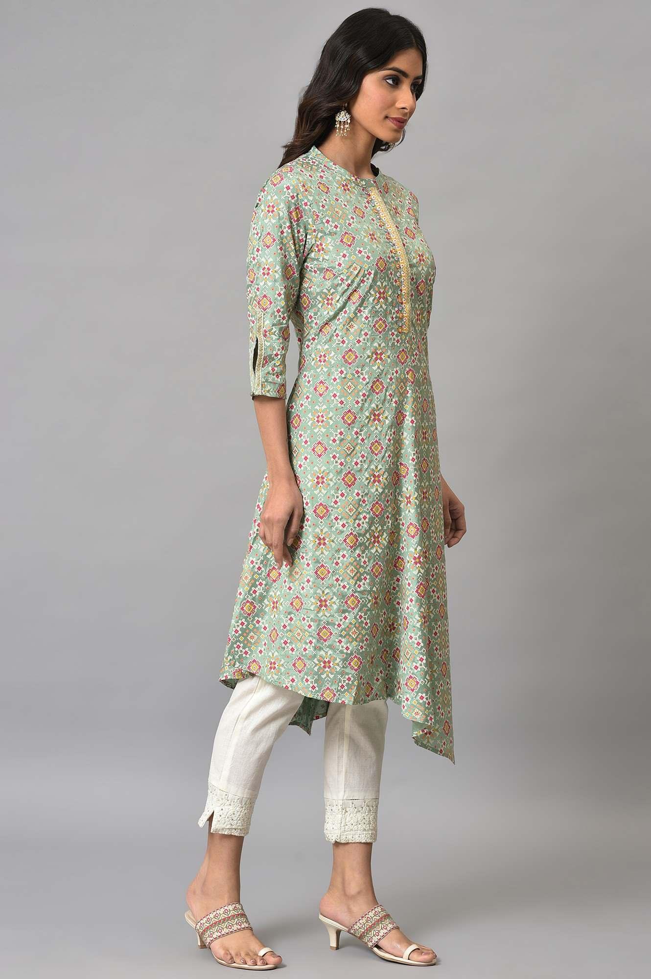 Mint Green Glitter Printed Asymmetrical kurta And Ecru Slim Pants Set - wforwoman
