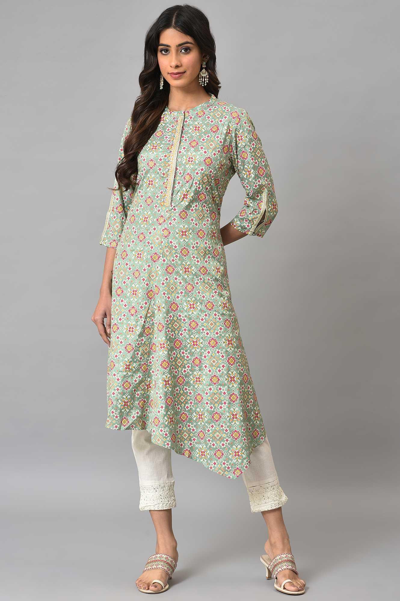 Mint Green Glitter Printed Asymmetrical kurta And Ecru Slim Pants Set - wforwoman