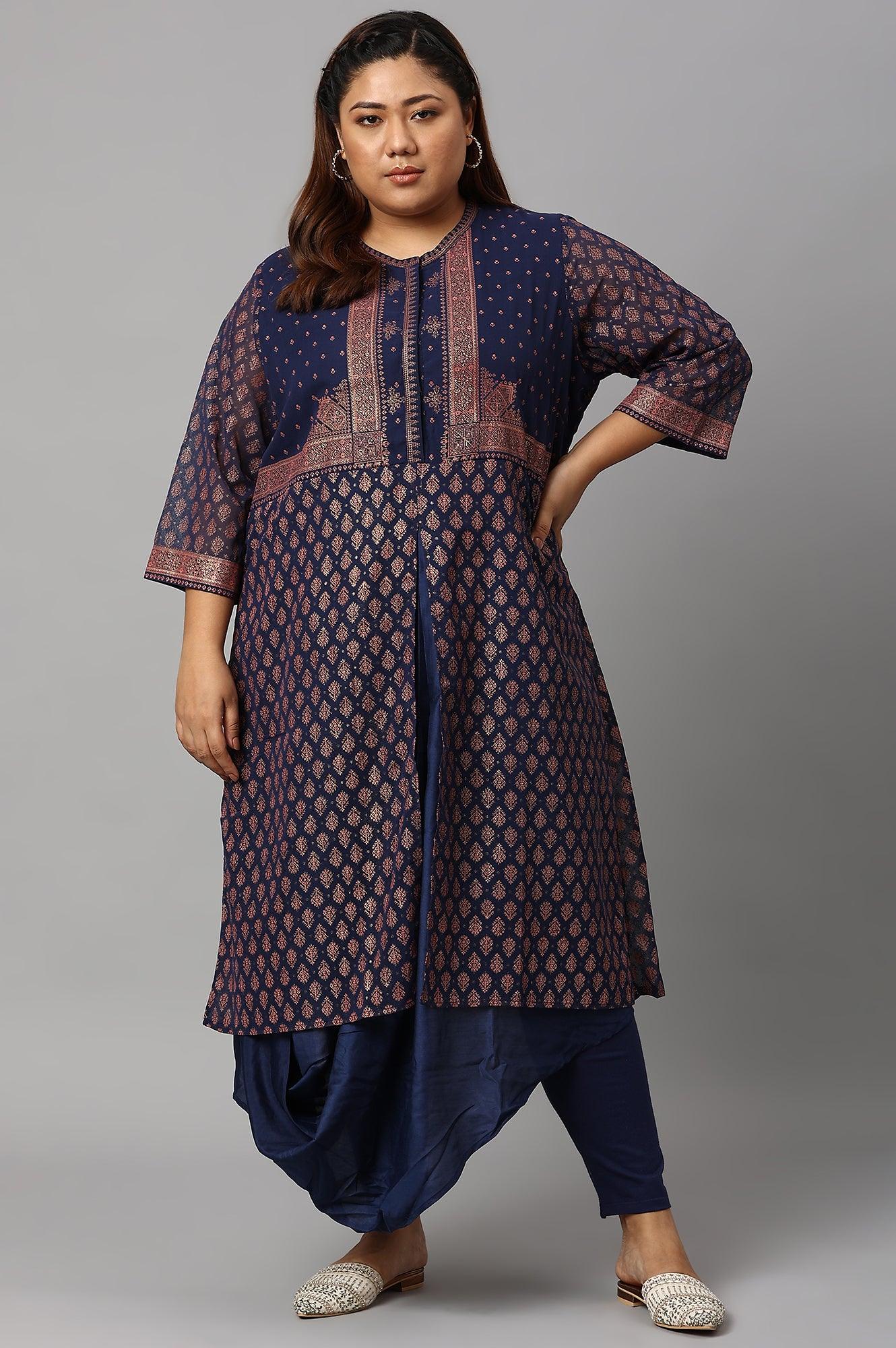 Plus Size Blue Printed A-Line Cowl kurta With Tights - wforwoman