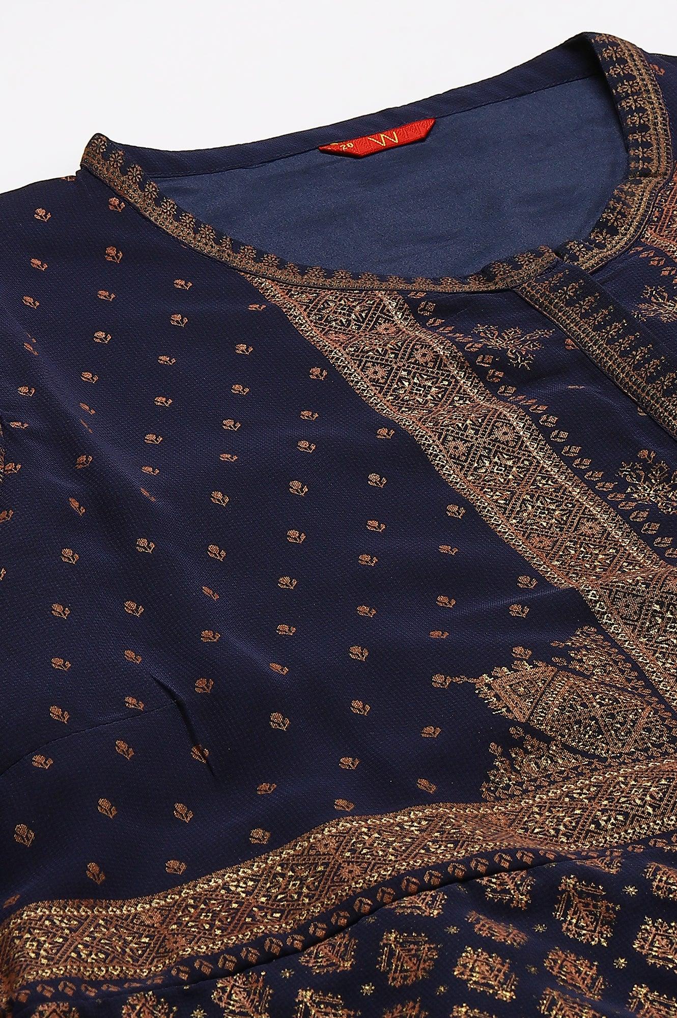 Plus Size Blue Printed A-Line Cowl kurta With Tights - wforwoman