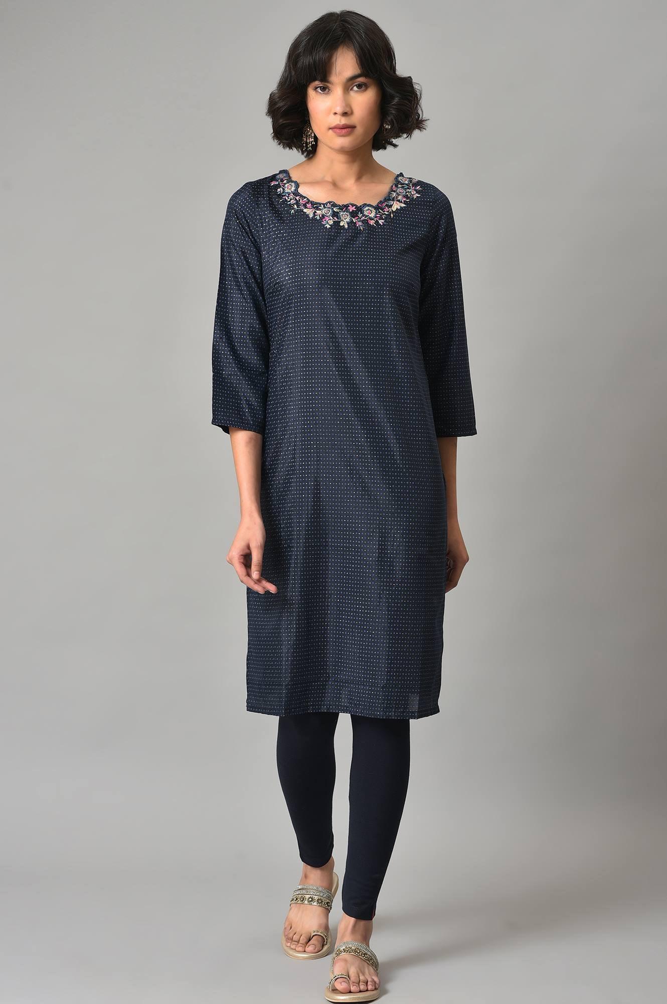 Dark Blue Embroidered kurta With Tights - wforwoman