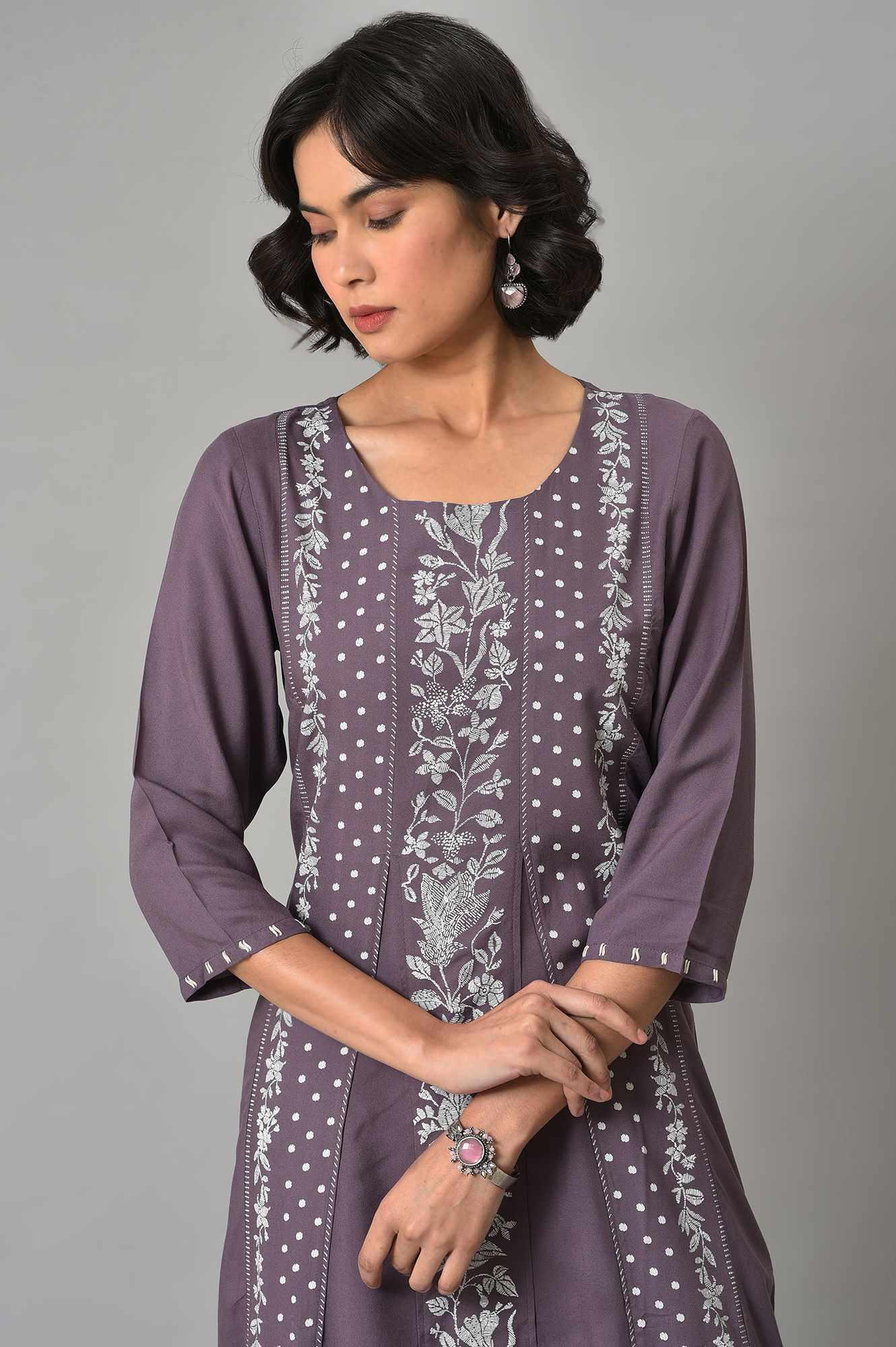 Dusky Purple Floral Printed kurta With Ecru Parallel Pants And Printed Dupatta - wforwoman