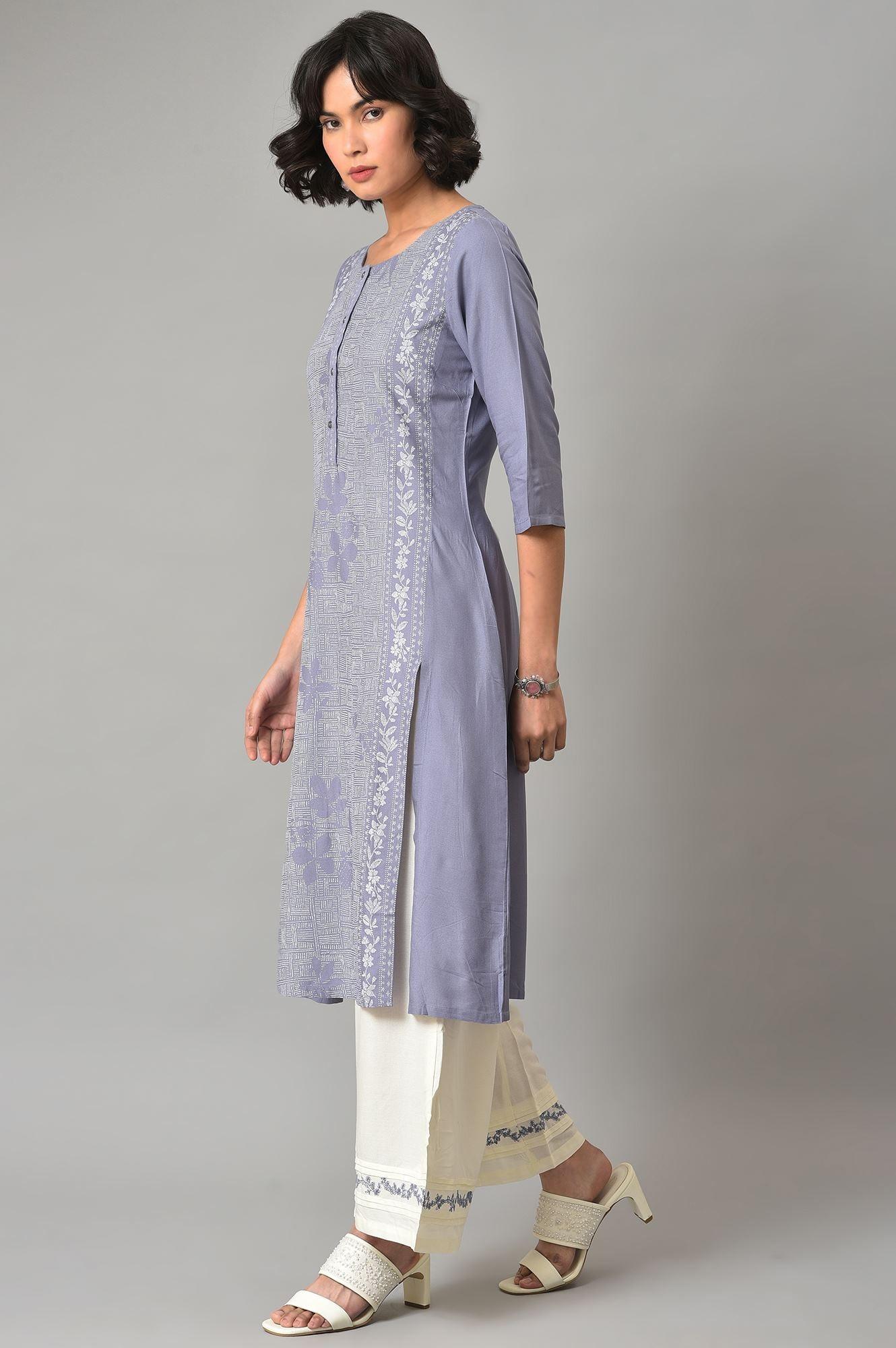 Dusk Purple Floral Printed kurta With Embroidered Ecru Pants And Dupatta - wforwoman