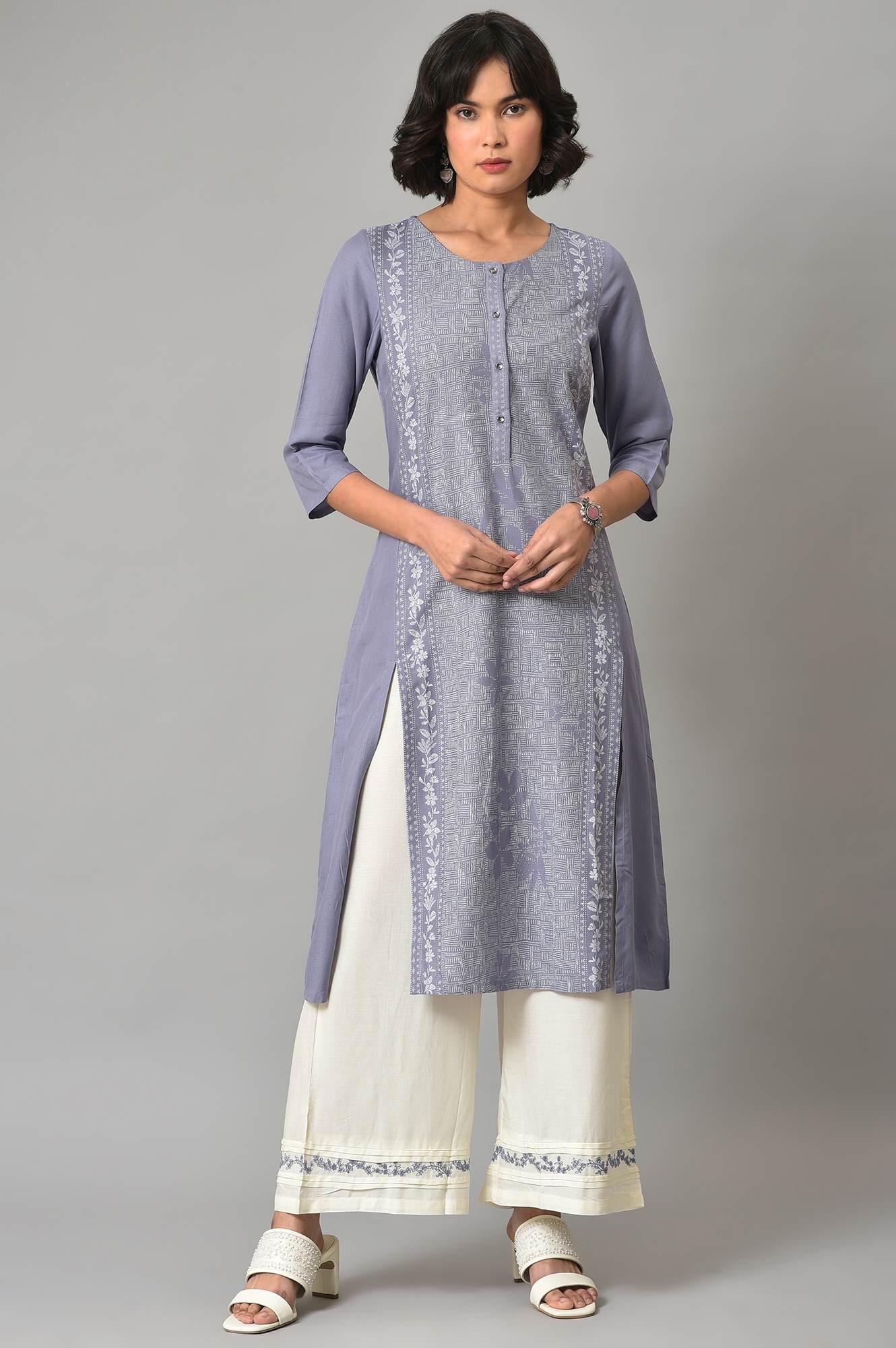Dusk Purple Floral Printed kurta With Embroidered Ecru Pants And Dupatta - wforwoman