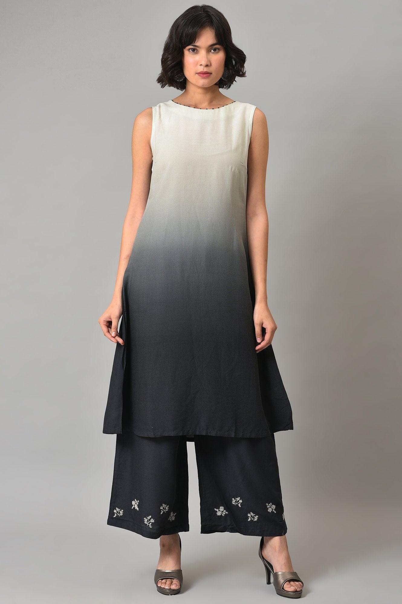 White And Deep Blue Ombre kurta With Printed Gillet And Parallel Pants - wforwoman