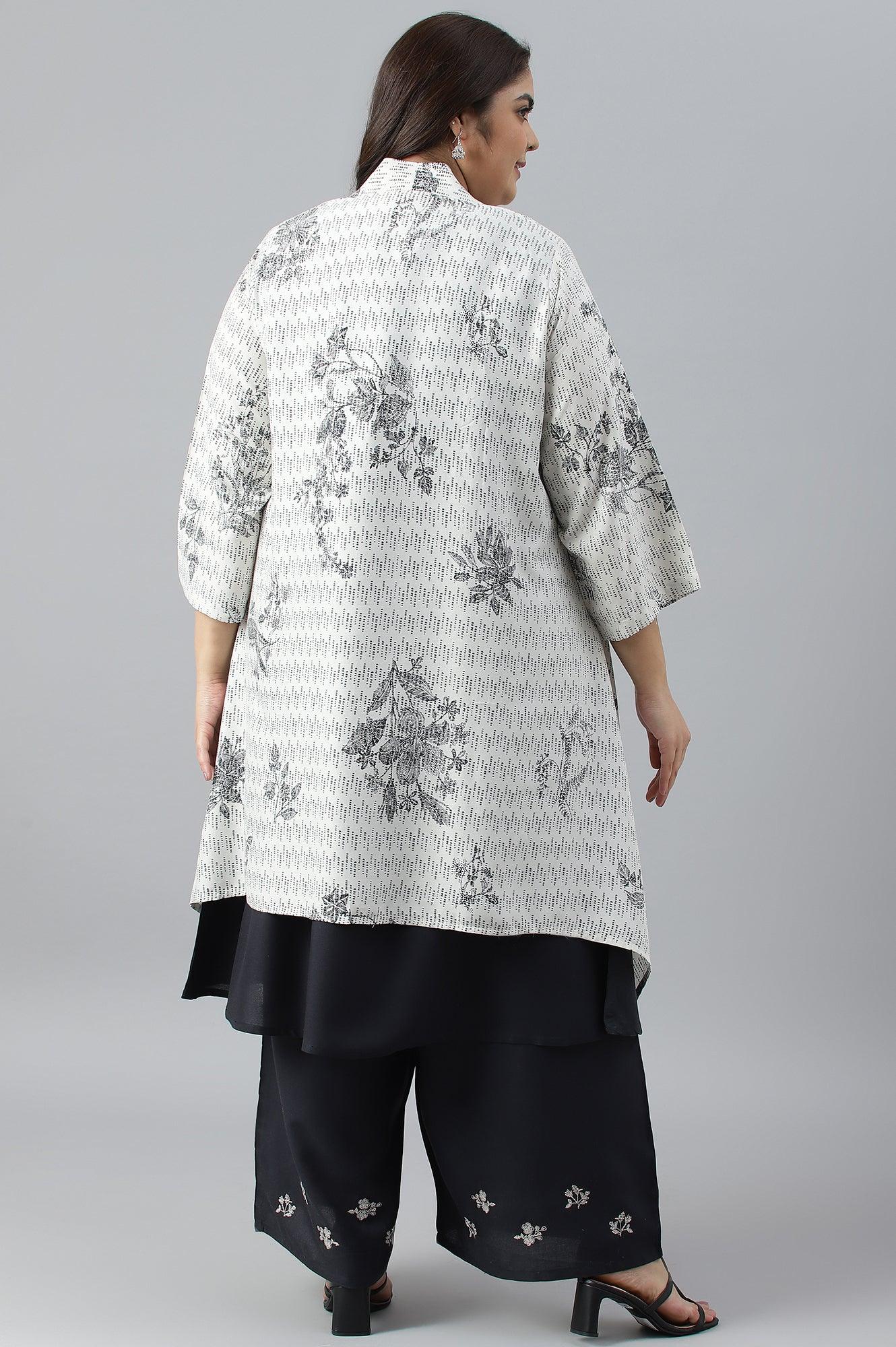 Plus Size White And Deep Blue Ombre kurta With Printed Gillet And Parallel Pants - wforwoman