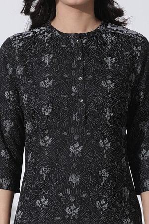 Black Floral Printed Mandarin Collar Kurta And Tights Set