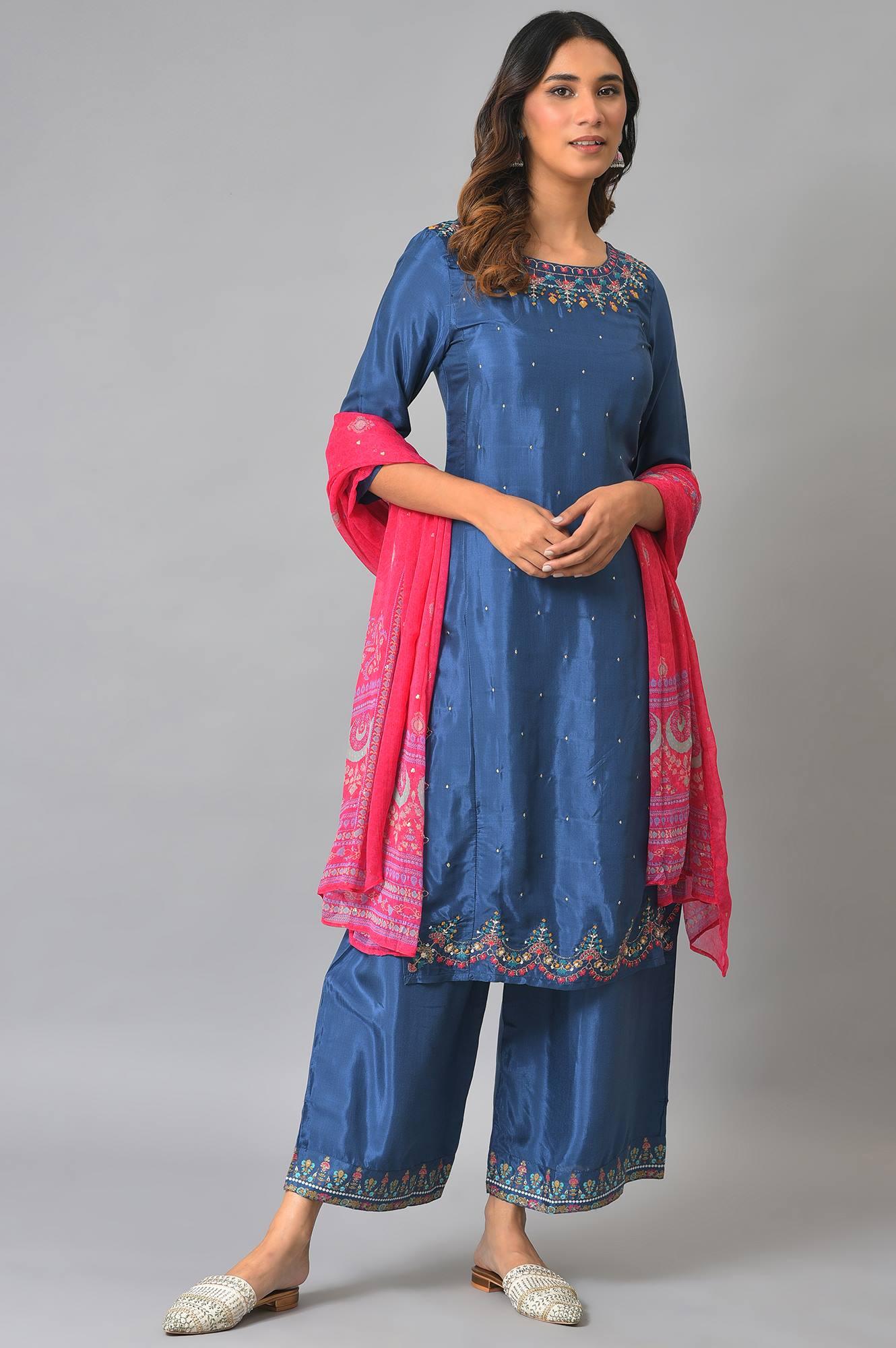 Blue Embroidered kurta With Parallel Pants And Pink Dupatta - wforwoman