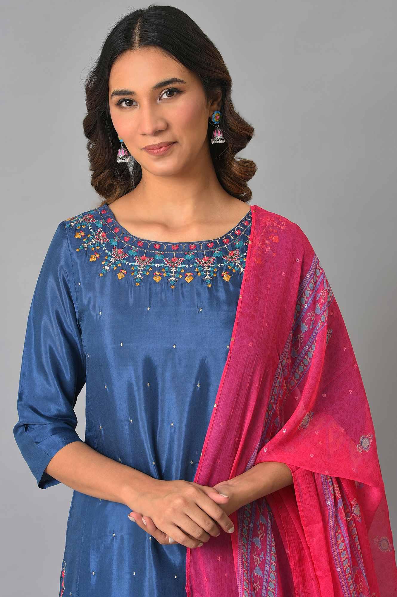 Plus Size Blue Embroidered kurta With Parallel Pants And Pink Dupatta - wforwoman