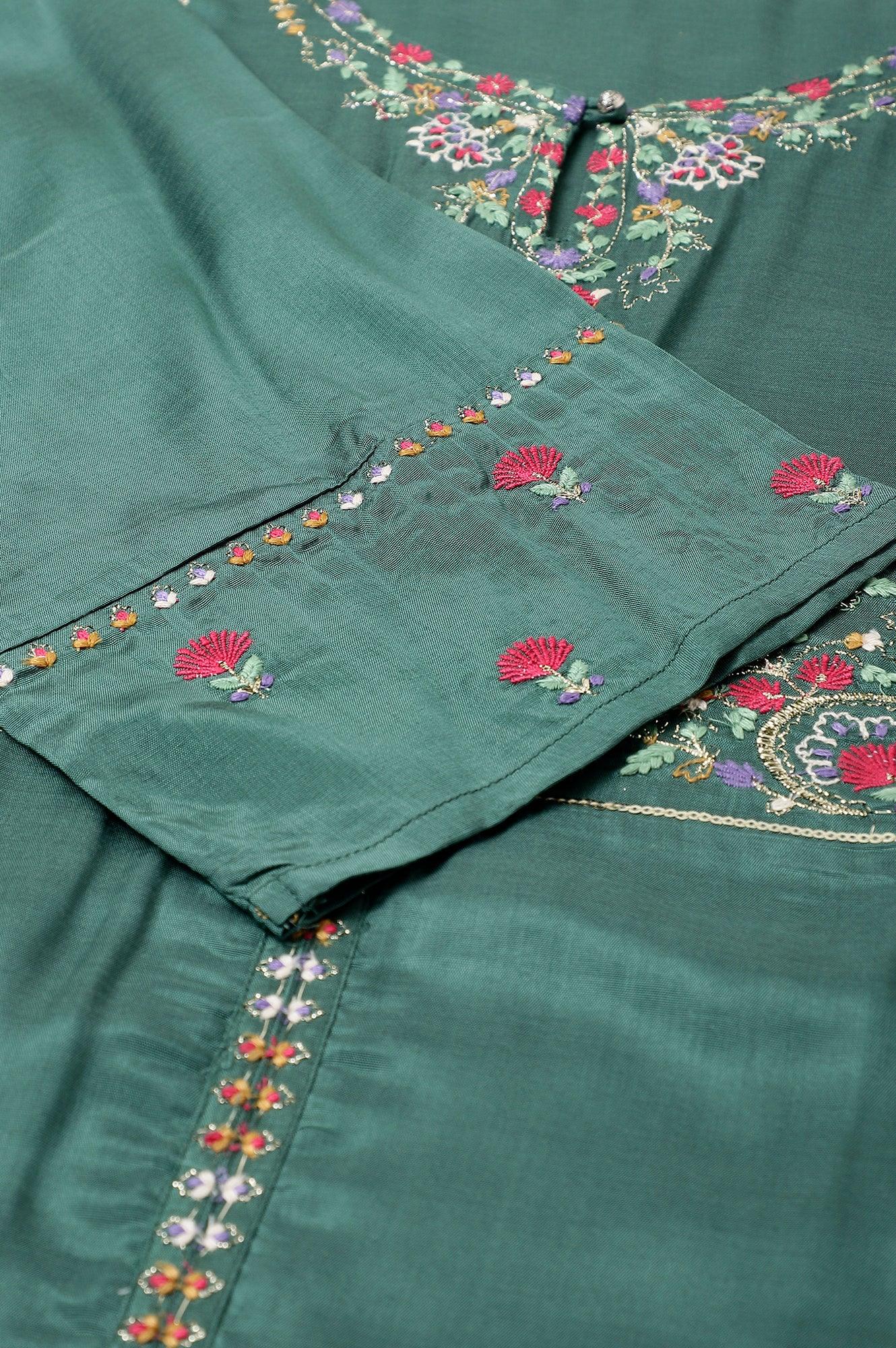 Plus Size Dark Green Embroidered kurta With Parallel Pants And Pink Printed Dupatta - wforwoman