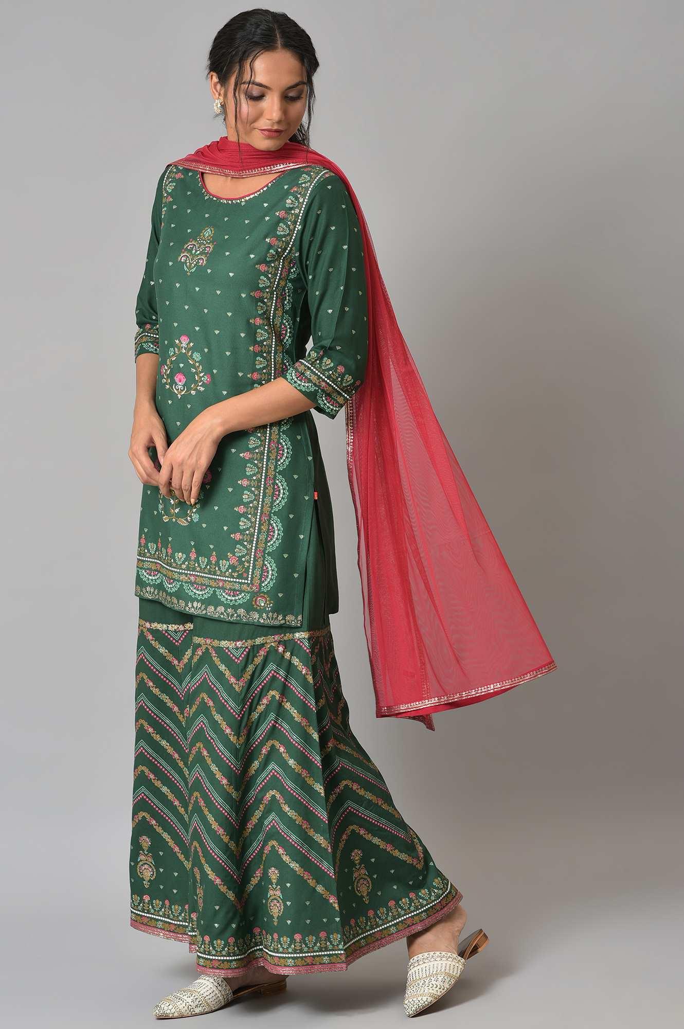 Dark Green Glitter Floral Printed kurta With Sharara Pants And Pink Dupatta - wforwoman