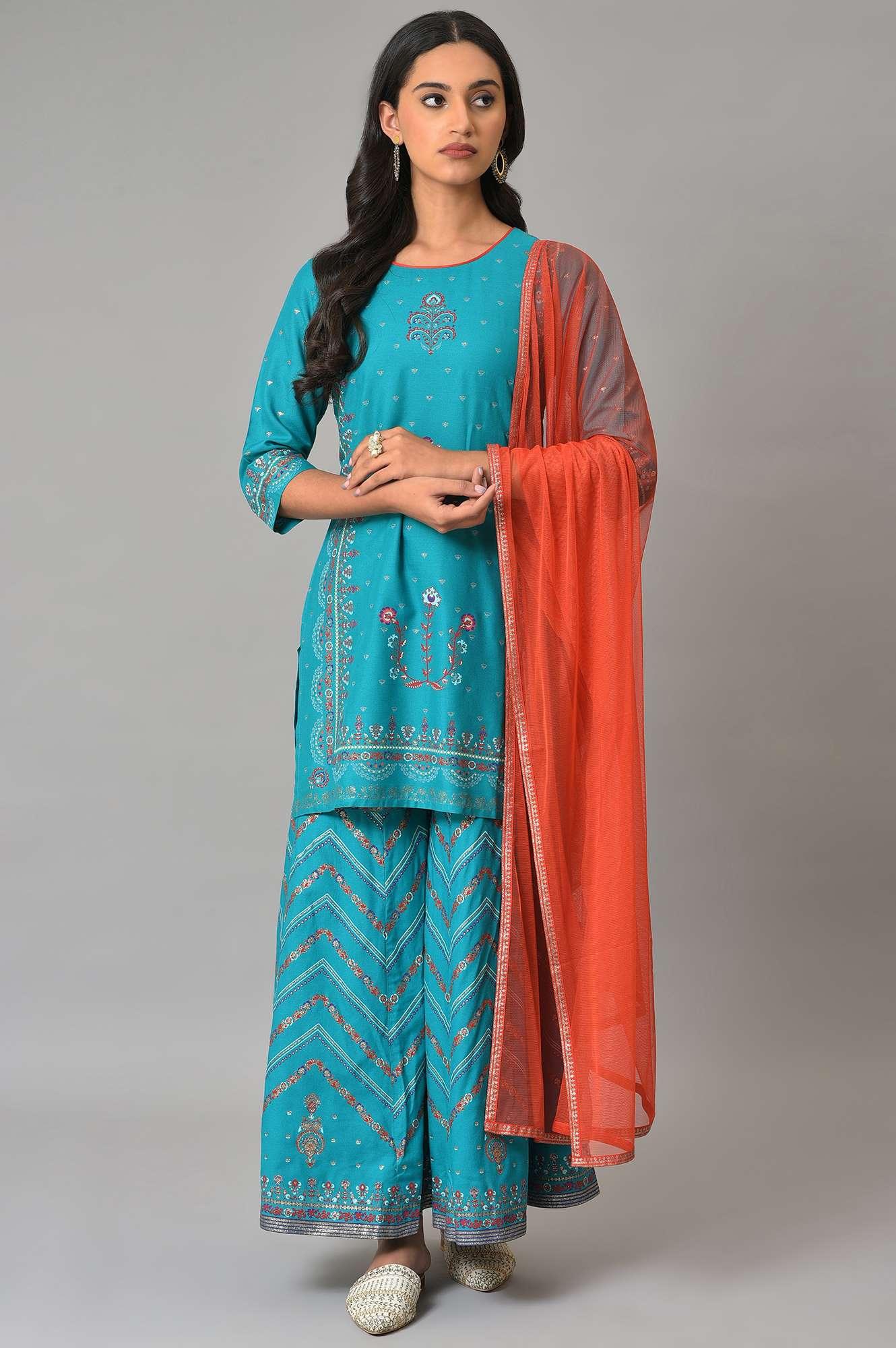 Teal Blue Festive kurta With Sharara And Orange Mesh Dupatta - wforwoman