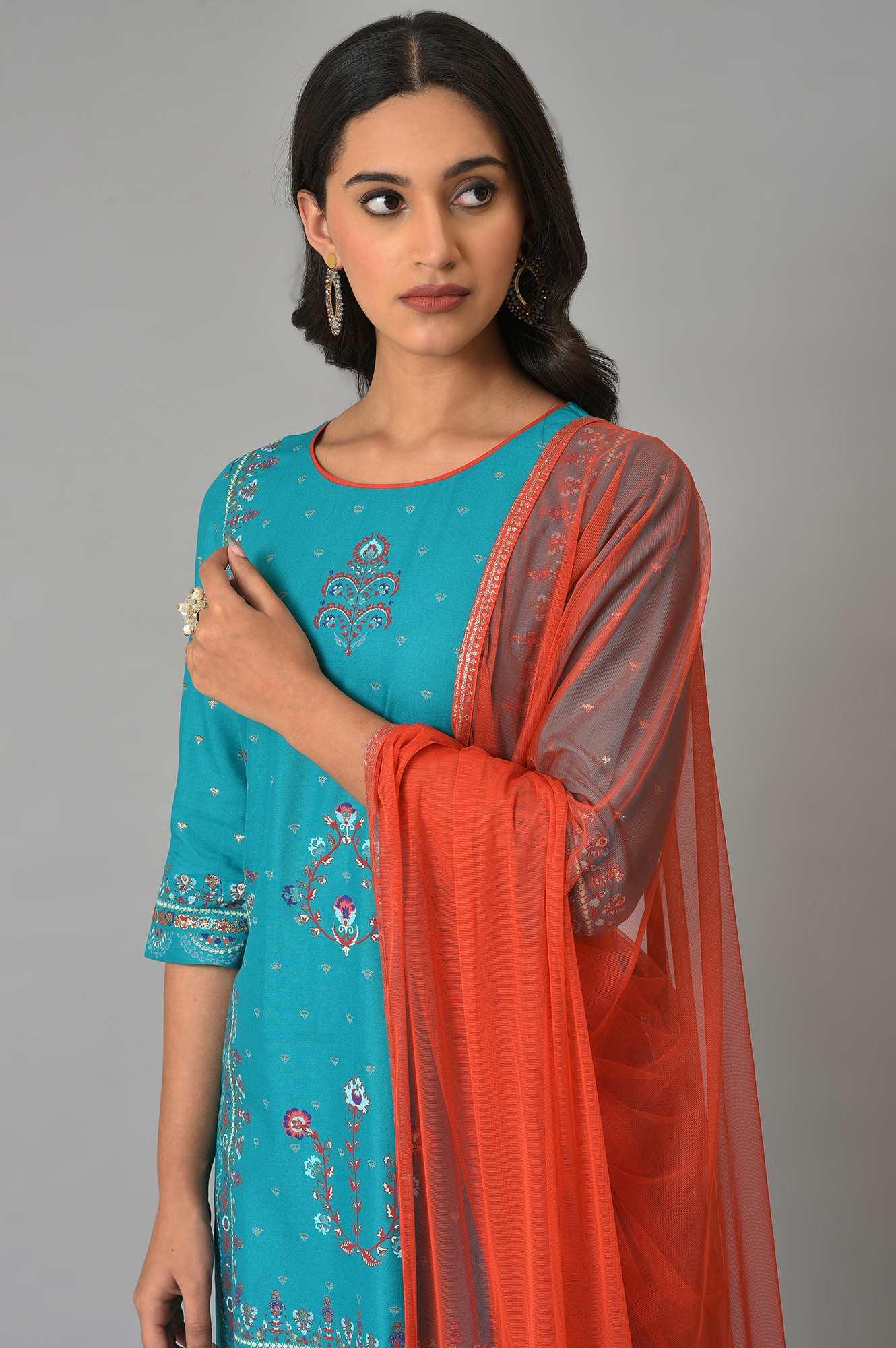 Teal Blue Festive kurta With Sharara And Orange Mesh Dupatta - wforwoman