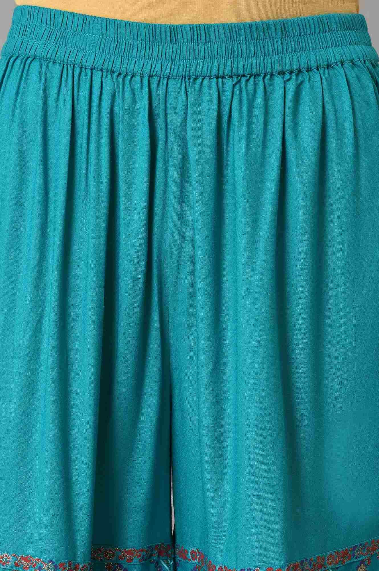 Teal Blue Festive kurta With Sharara And Orange Mesh Dupatta - wforwoman