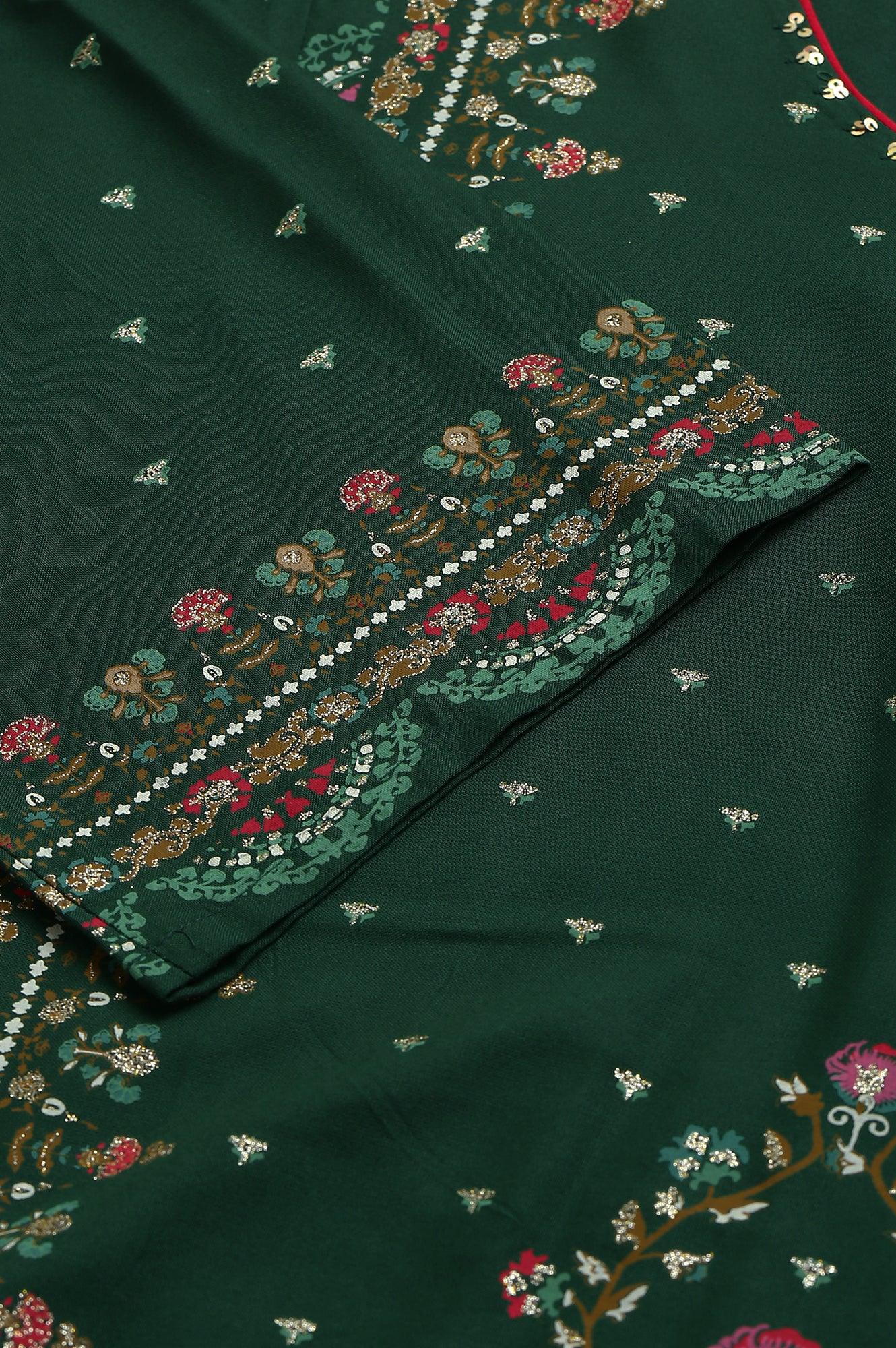 Plus Size Dark Green Glitter Floral Printed kurta With Sharara Pants And Pink Dupatta - wforwoman
