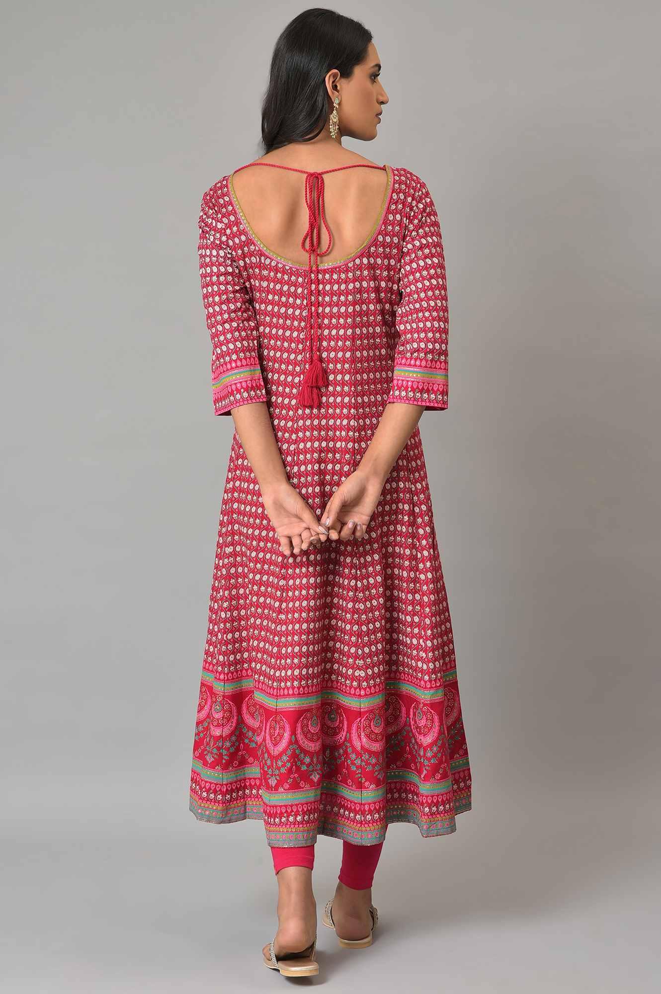 Dark Pink Printed Kalidar kurta With Tights - wforwoman