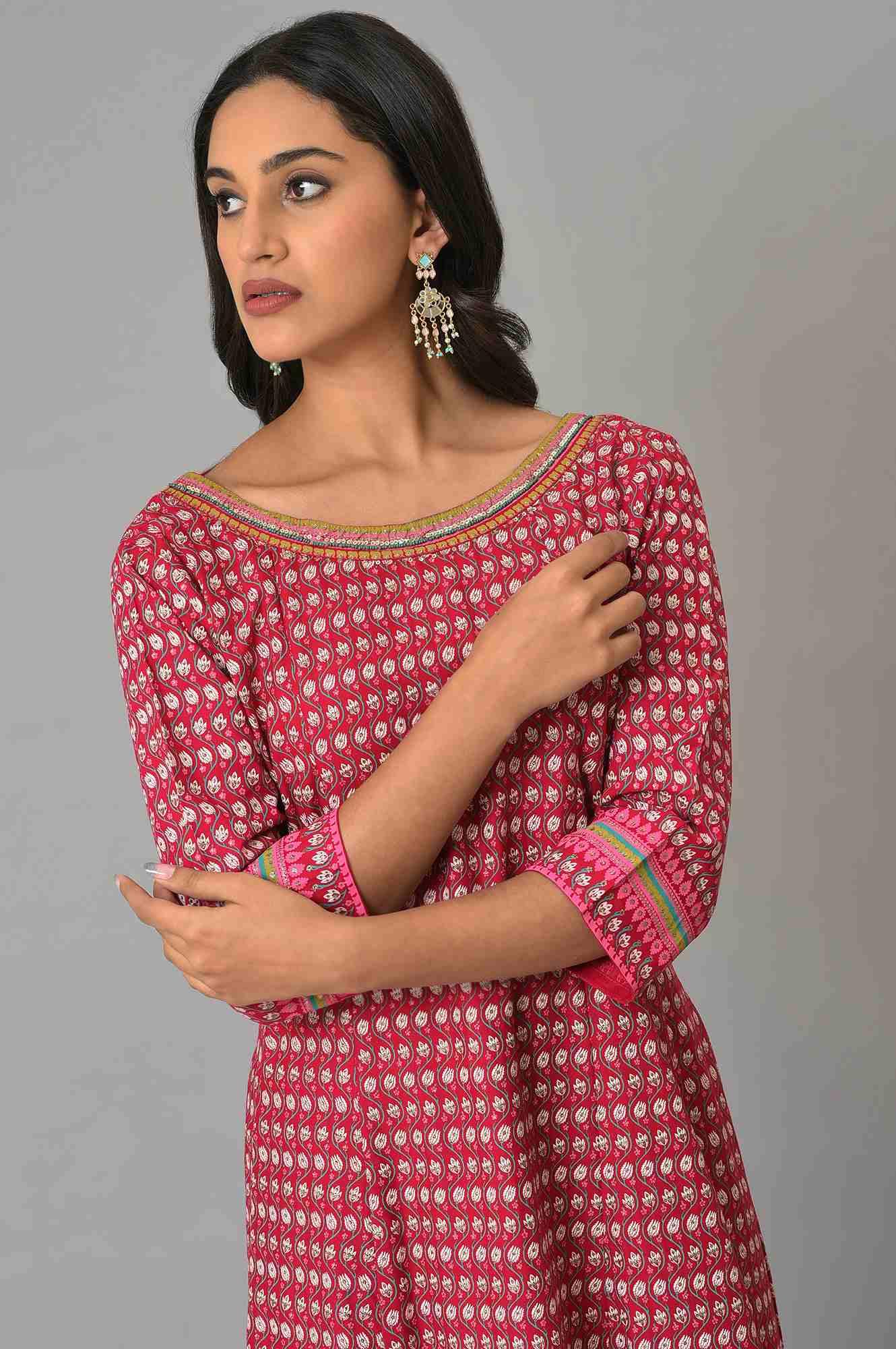 Dark Pink Printed Kalidar kurta With Tights - wforwoman