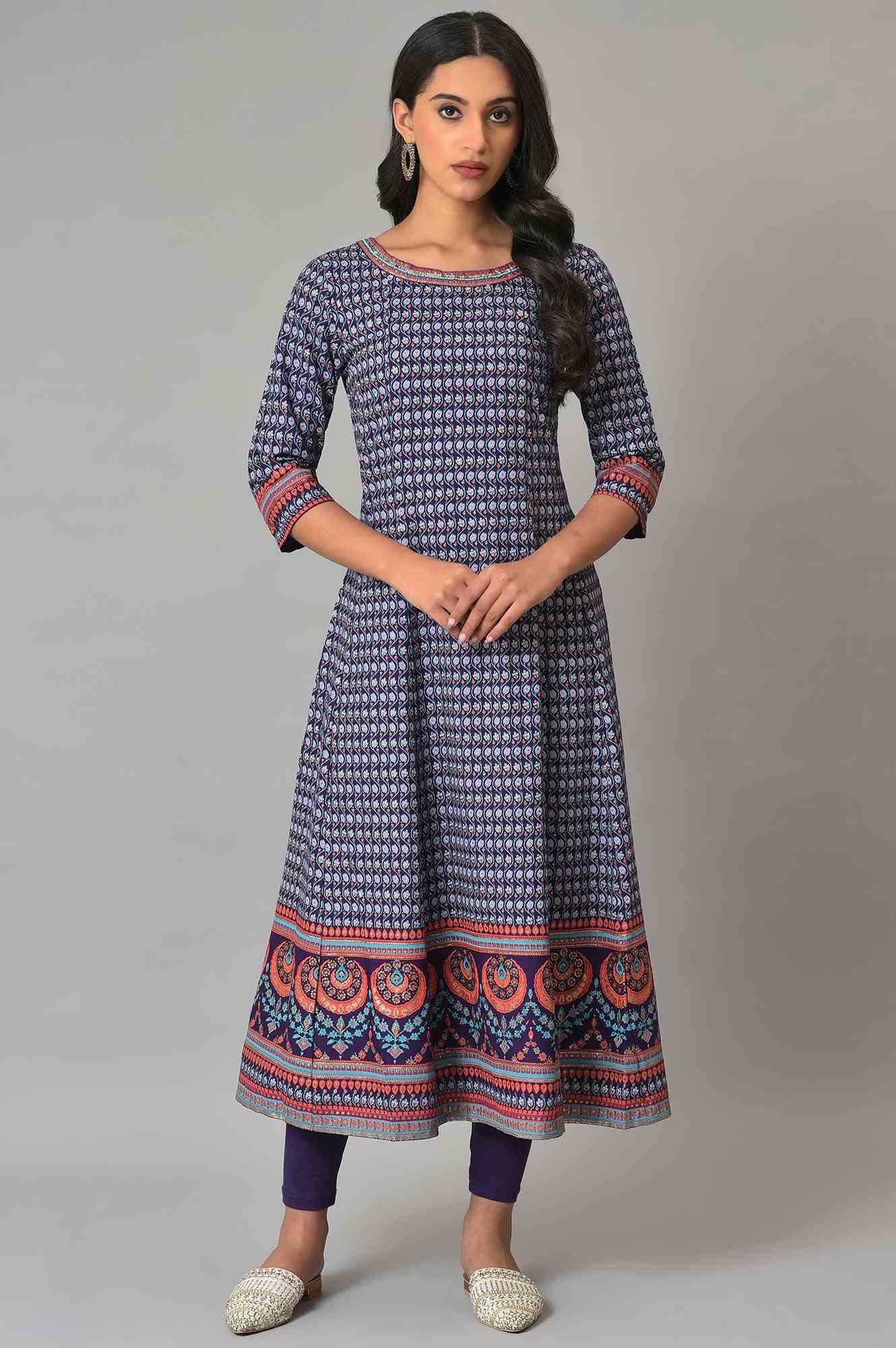 Purple Printed Kalidar kurta With Tights - wforwoman