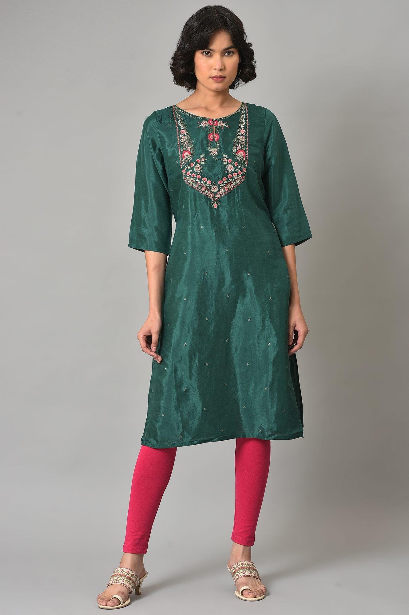 Buy Dark Green Embroidered Festive kurta With Pink Tights Online for Woman | WforWoman Buy Dark Green Embroidered Festive kurta With Pink Tights Online for Woman | WforWoman