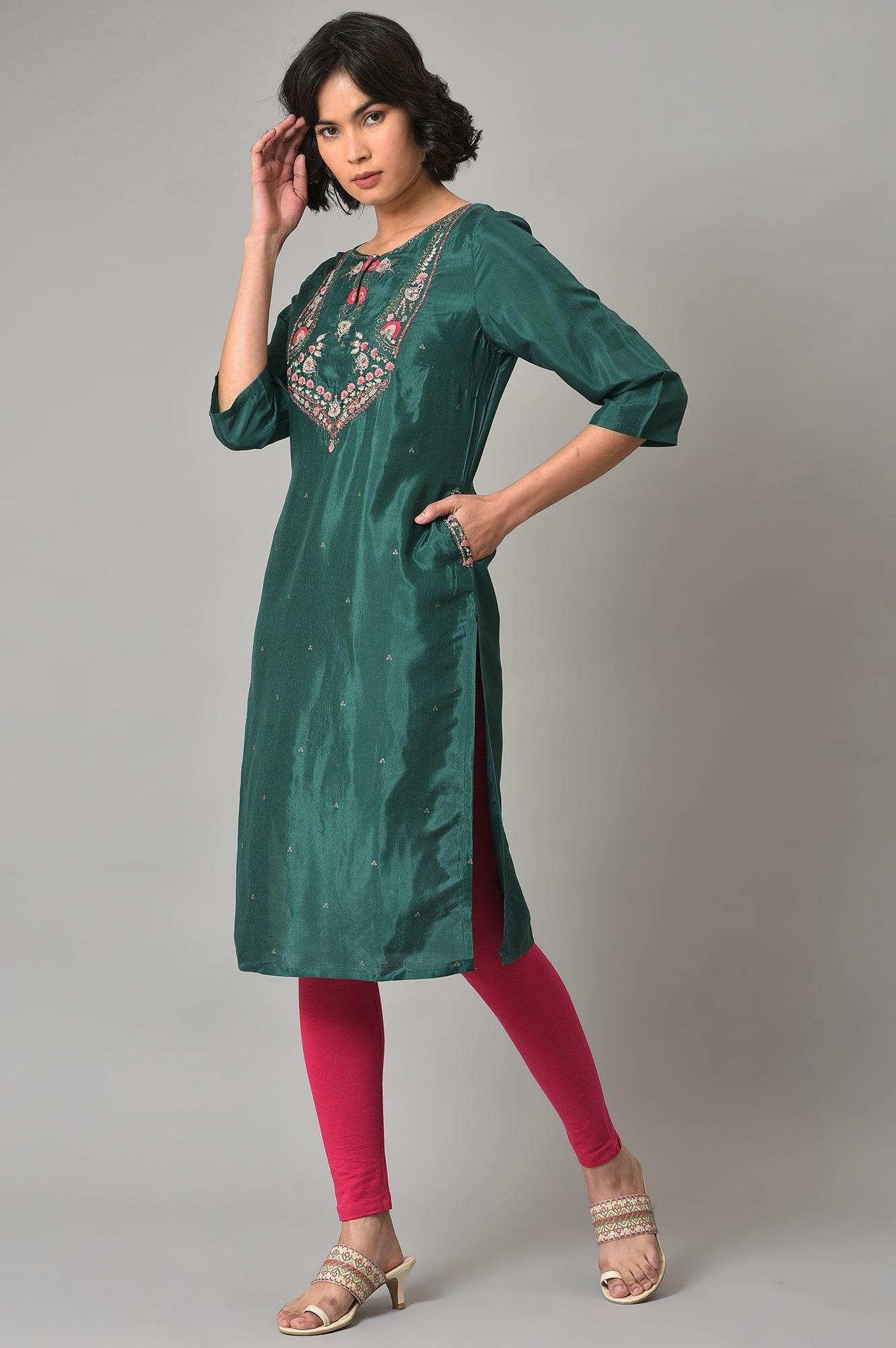 Dark Green Embroidered Festive kurta With Pink Tights - wforwoman