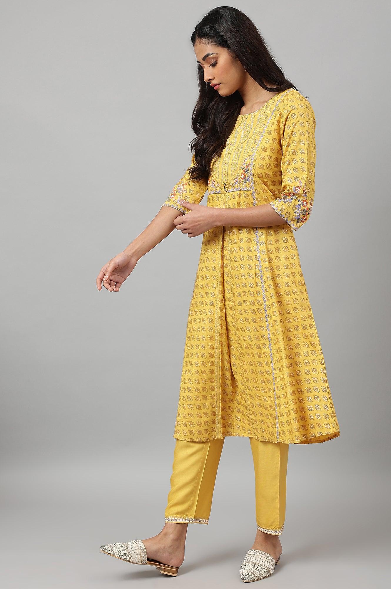Yellow Glitter Printed Mock Layer kurta With Straight Pants - wforwoman