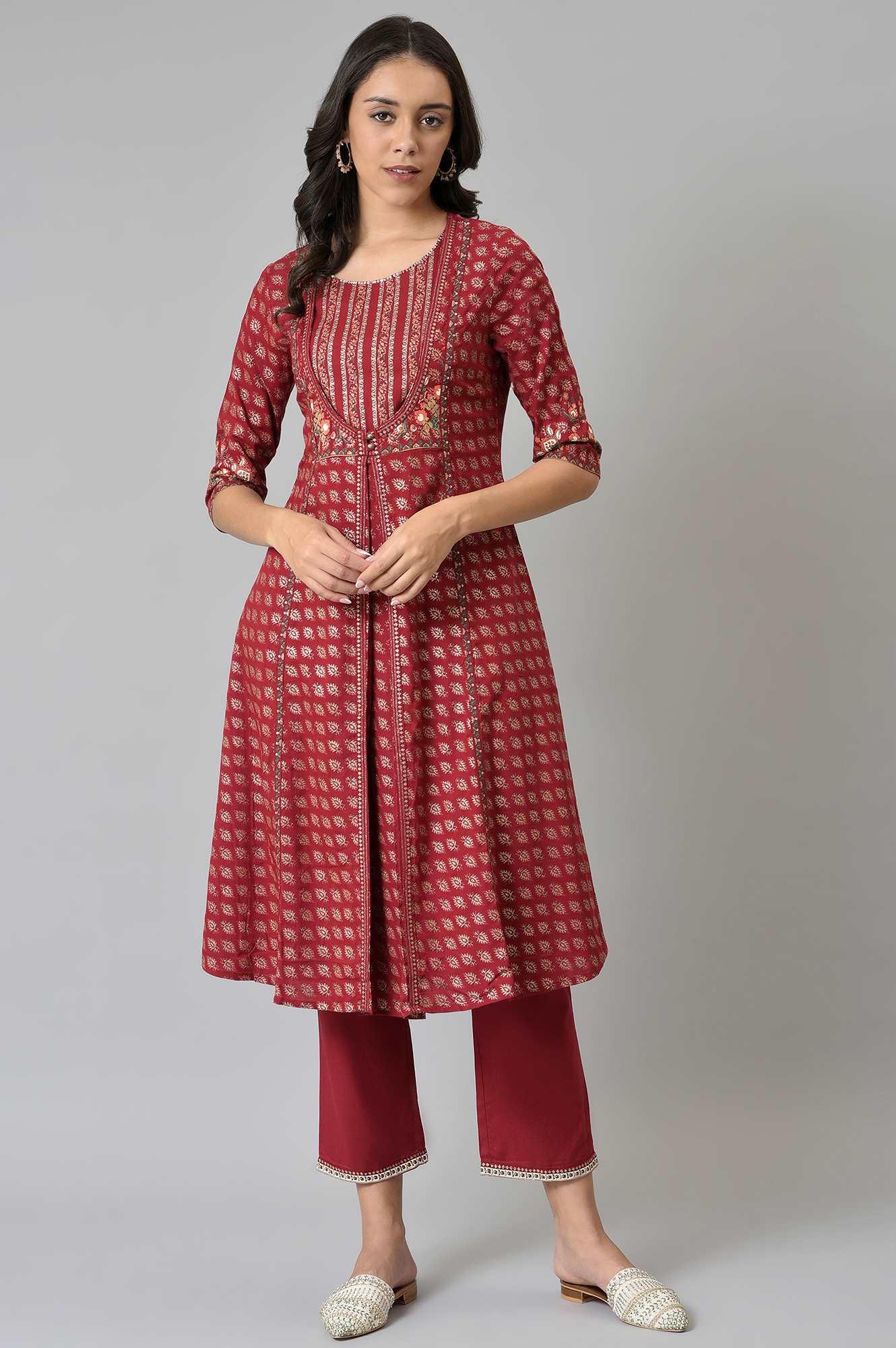 Maroon Mock Layer Festive kurta With Straight Pants - wforwoman