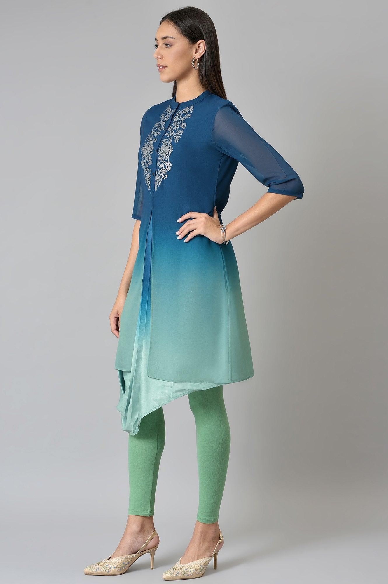Dark Blue Ombre Cowl kurta With Tights - wforwoman