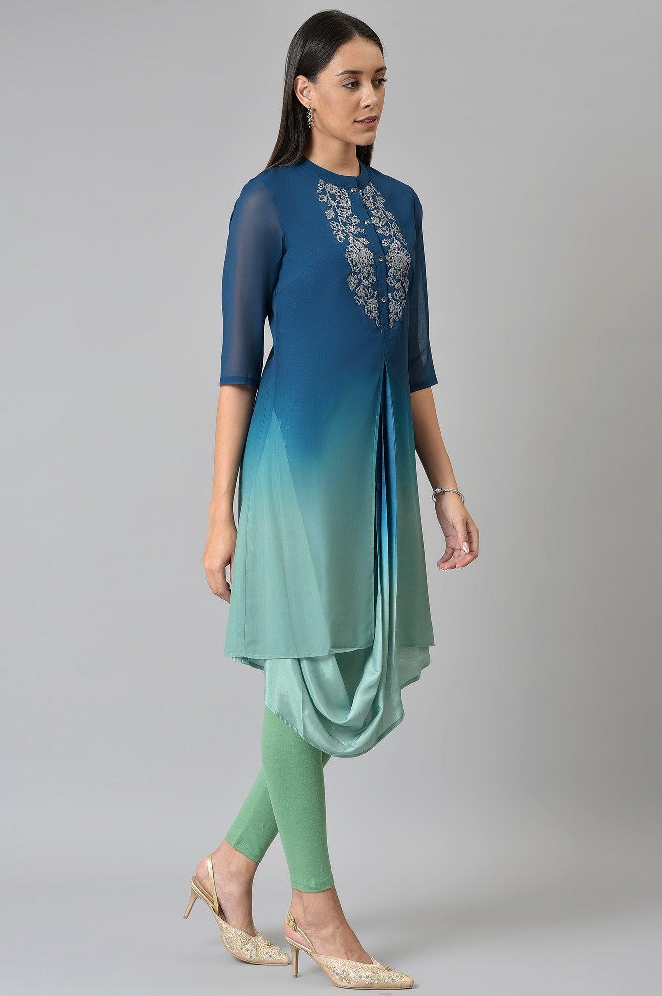 Dark Blue Ombre Cowl kurta With Tights - wforwoman