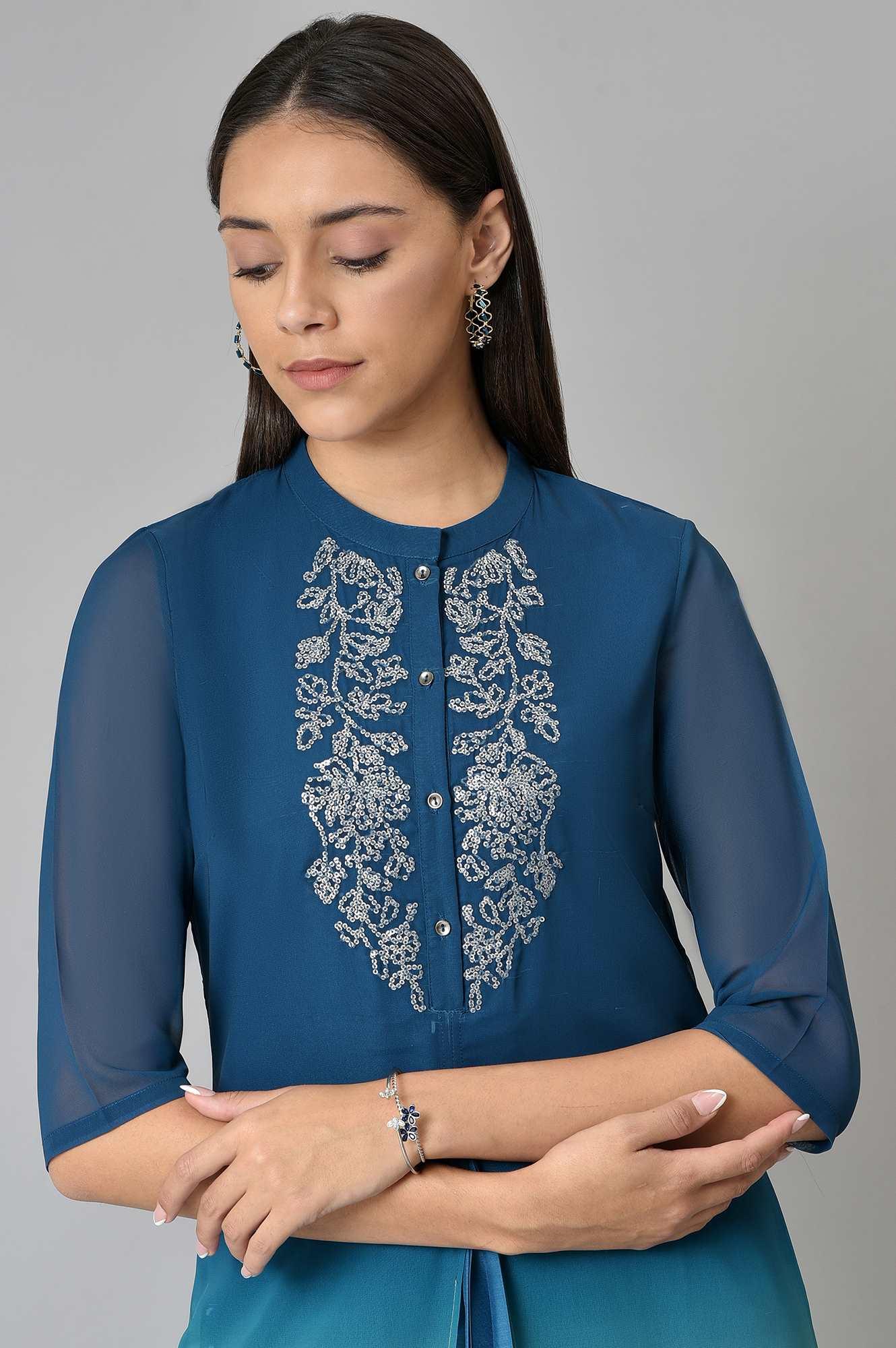 Dark Blue Ombre Cowl kurta With Tights - wforwoman