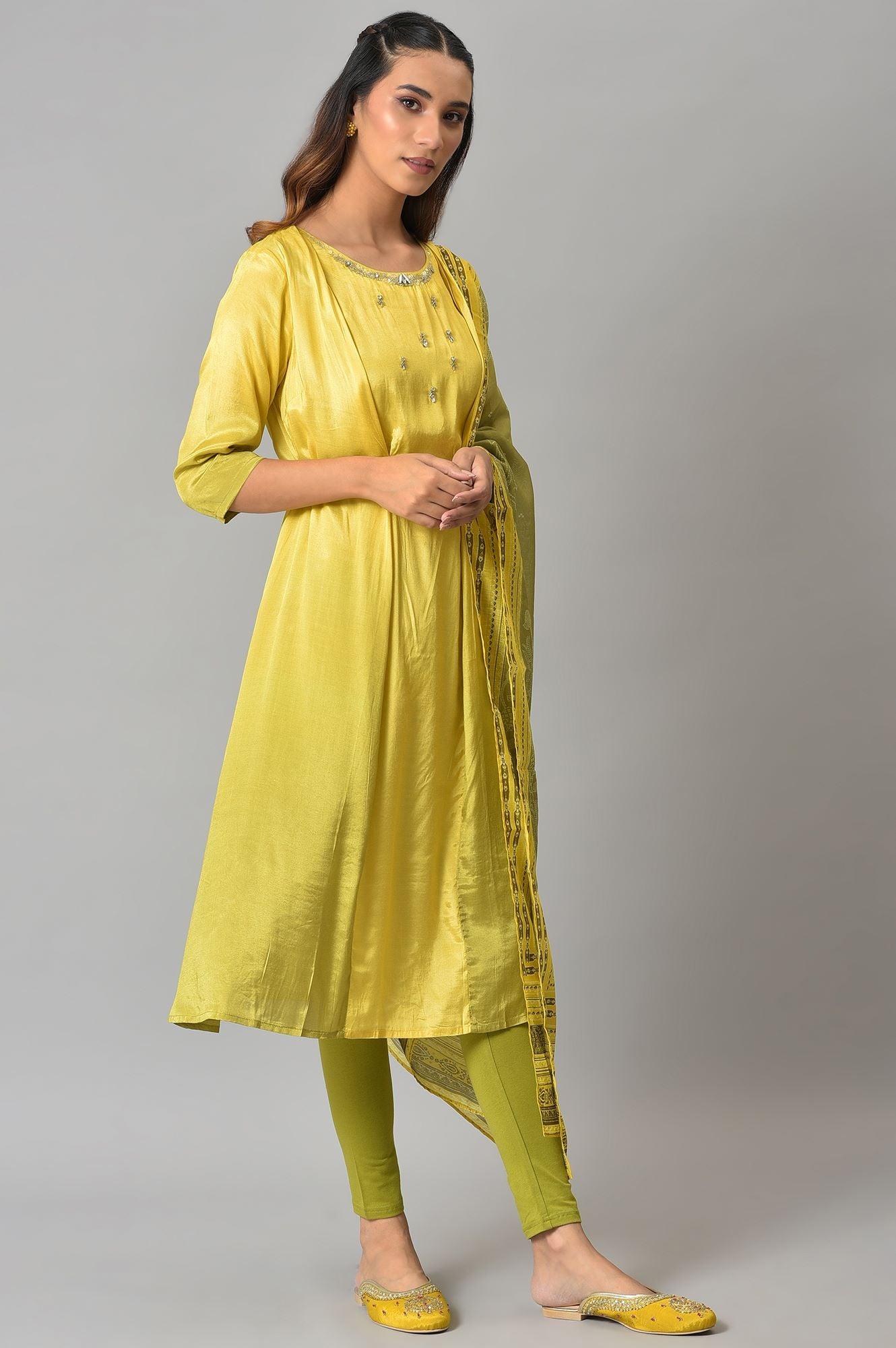 Lemon Yellow And Olive Green Printed kurta With Tights And Dupatta - wforwoman